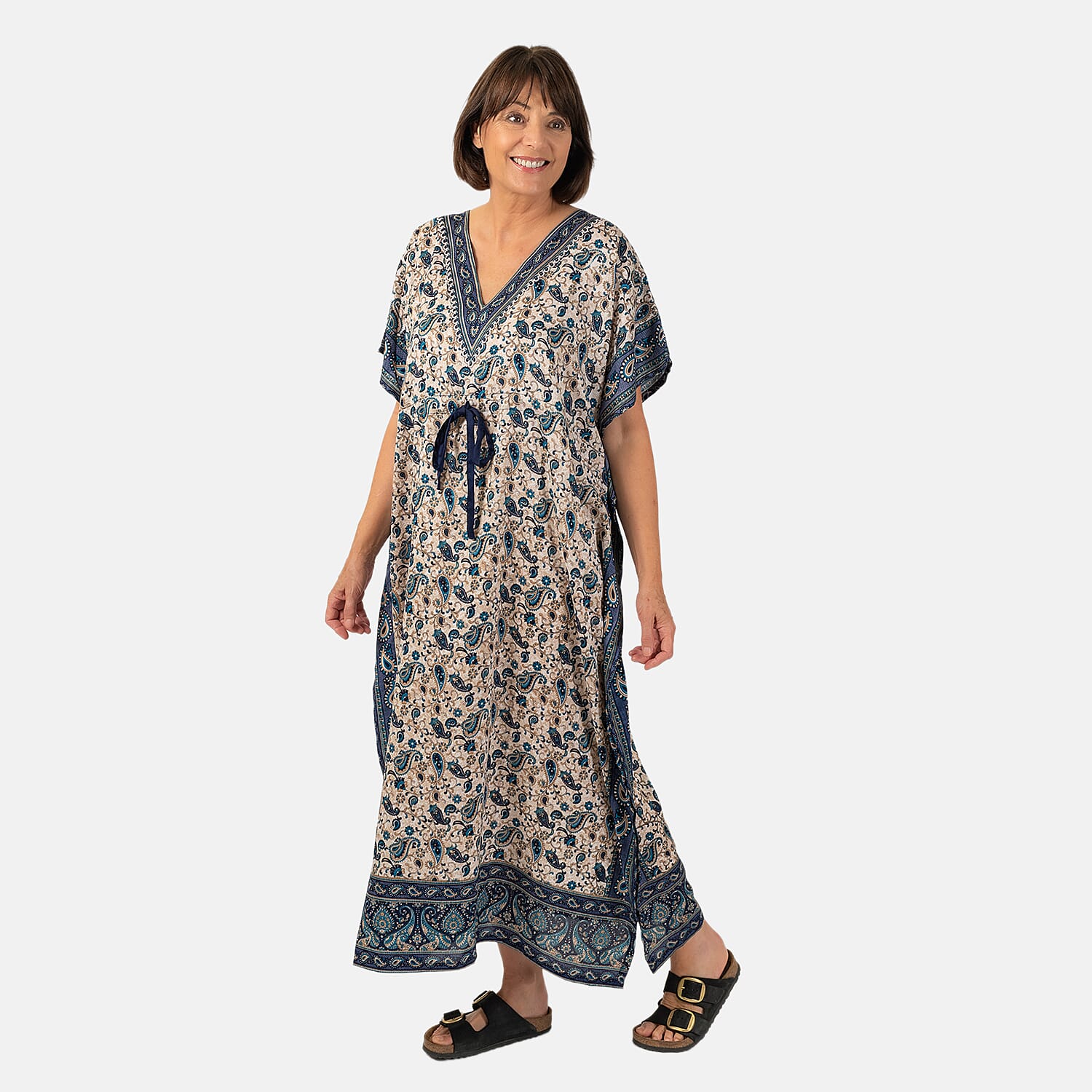 Paisley Printed Kaftan with Micro Drawstring at Waist (One Size) - Blue & White