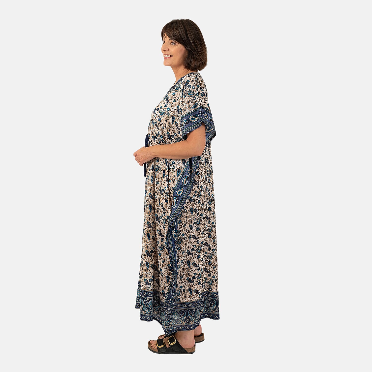 Paisley Printed Kaftan with Micro Drawstring at Waist (One Size) - Blue & White