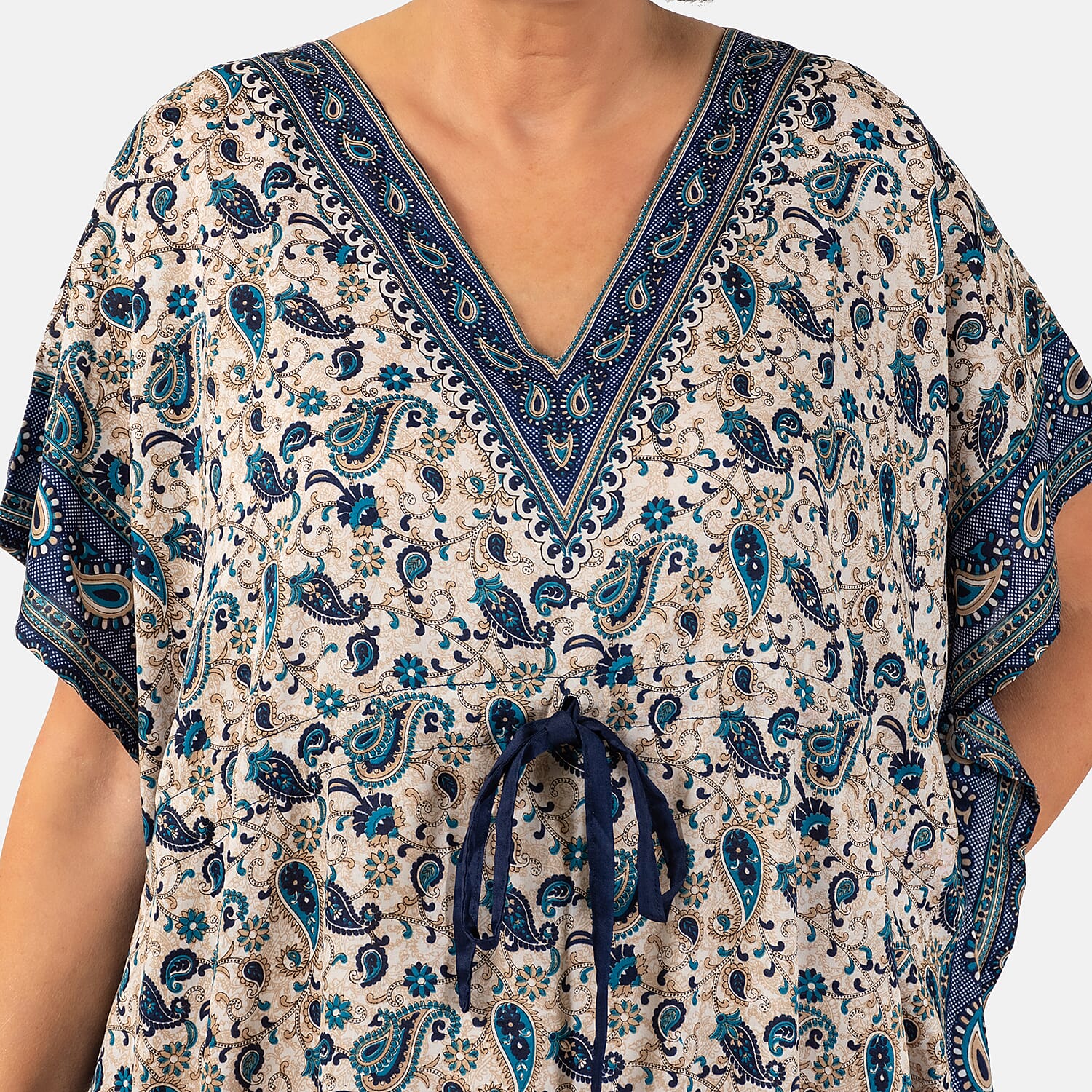 Paisley Printed Kaftan with Micro Drawstring at Waist (One Size) - Blue & White