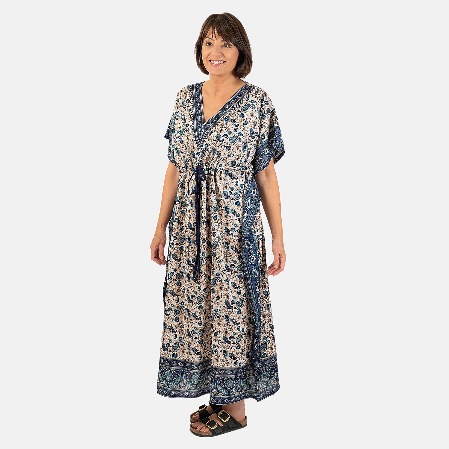 Paisley Printed Kaftan with Micro Drawstring at Waist (One Size) - Blue & White