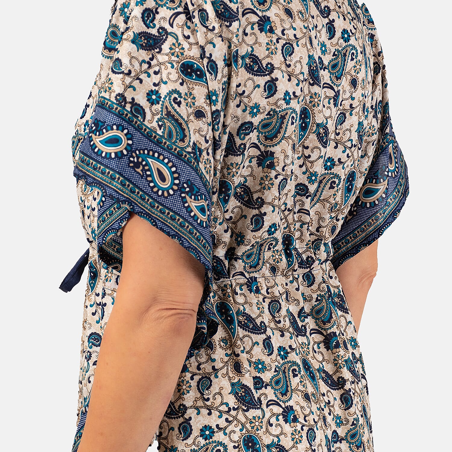 Paisley Printed Kaftan with Micro Drawstring at Waist (One Size) - Blue & White