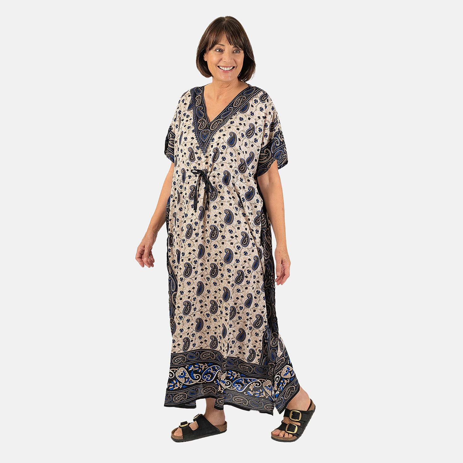 Paisley Printed Kaftan with Micro Drawstring at Waist (One Size) - Navy