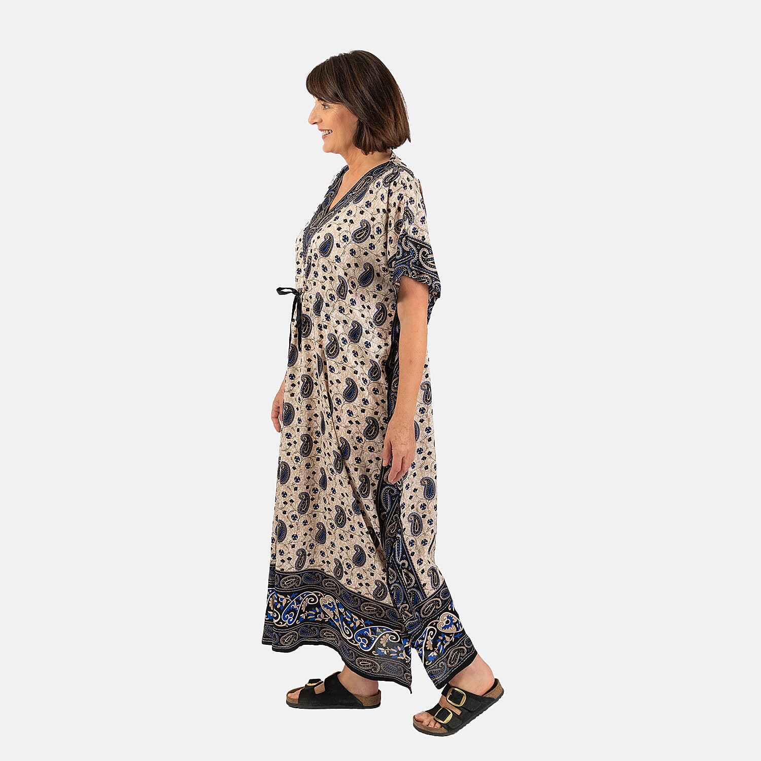 Paisley Printed Kaftan with Micro Drawstring at Waist (One Size) - Navy