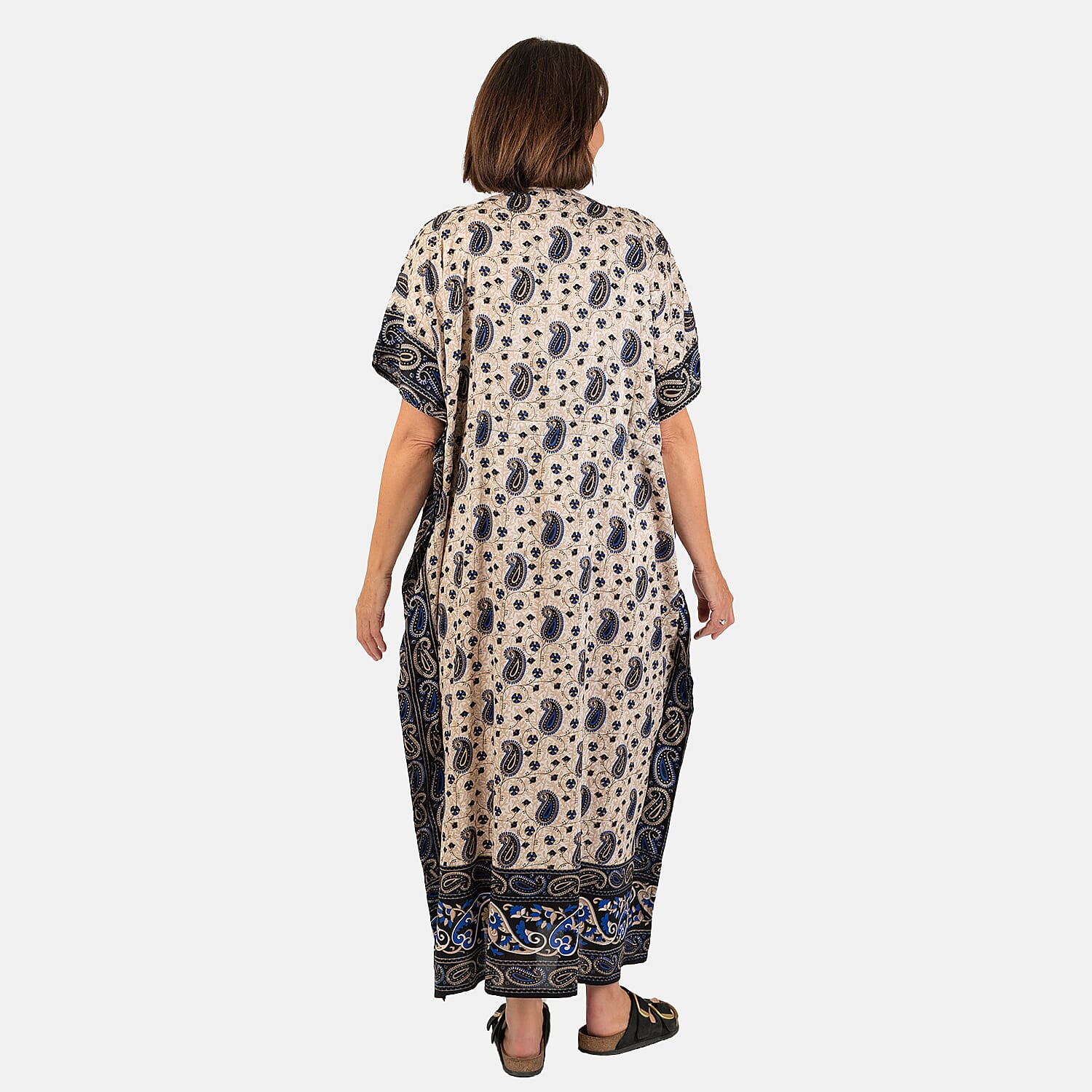 Paisley Printed Kaftan with Micro Drawstring at Waist (One Size) - Navy