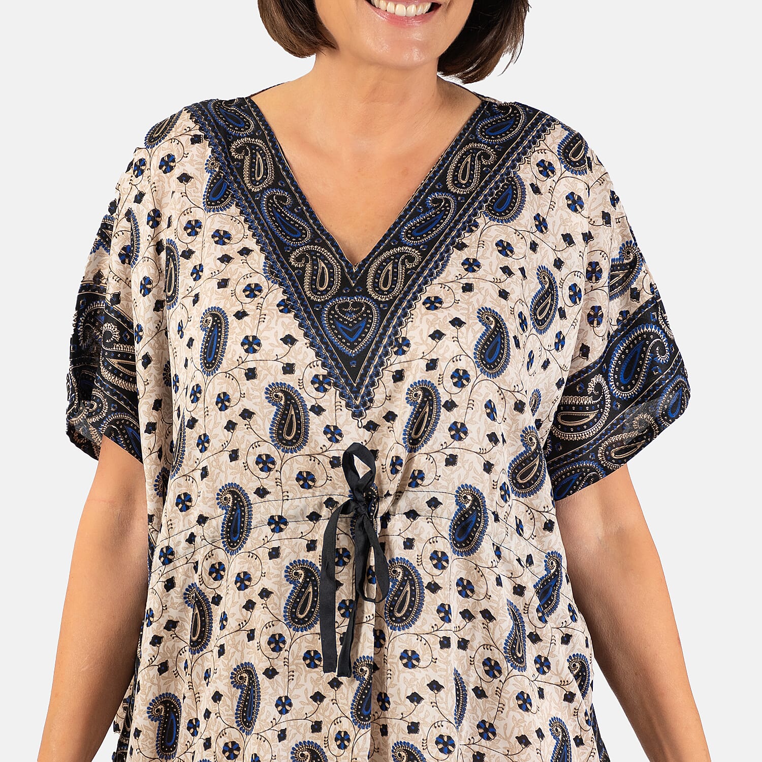 Paisley Printed Kaftan with Micro Drawstring at Waist (One Size) - Navy