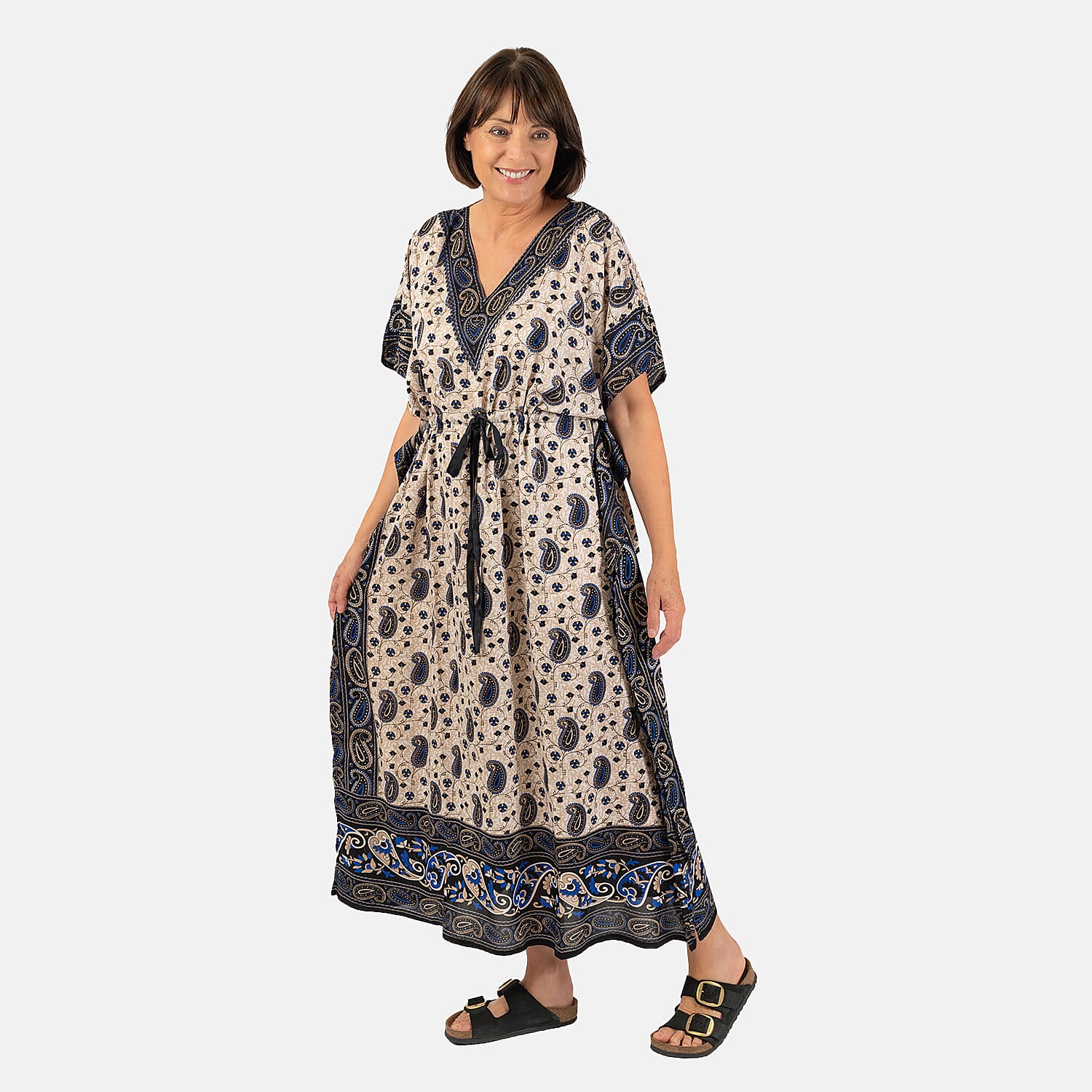 Paisley Printed Kaftan with Micro Drawstring at Waist (One Size) - Navy