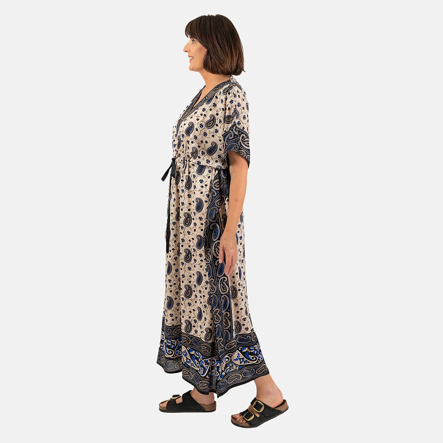 Paisley Printed Kaftan with Micro Drawstring at Waist (One Size) - Navy