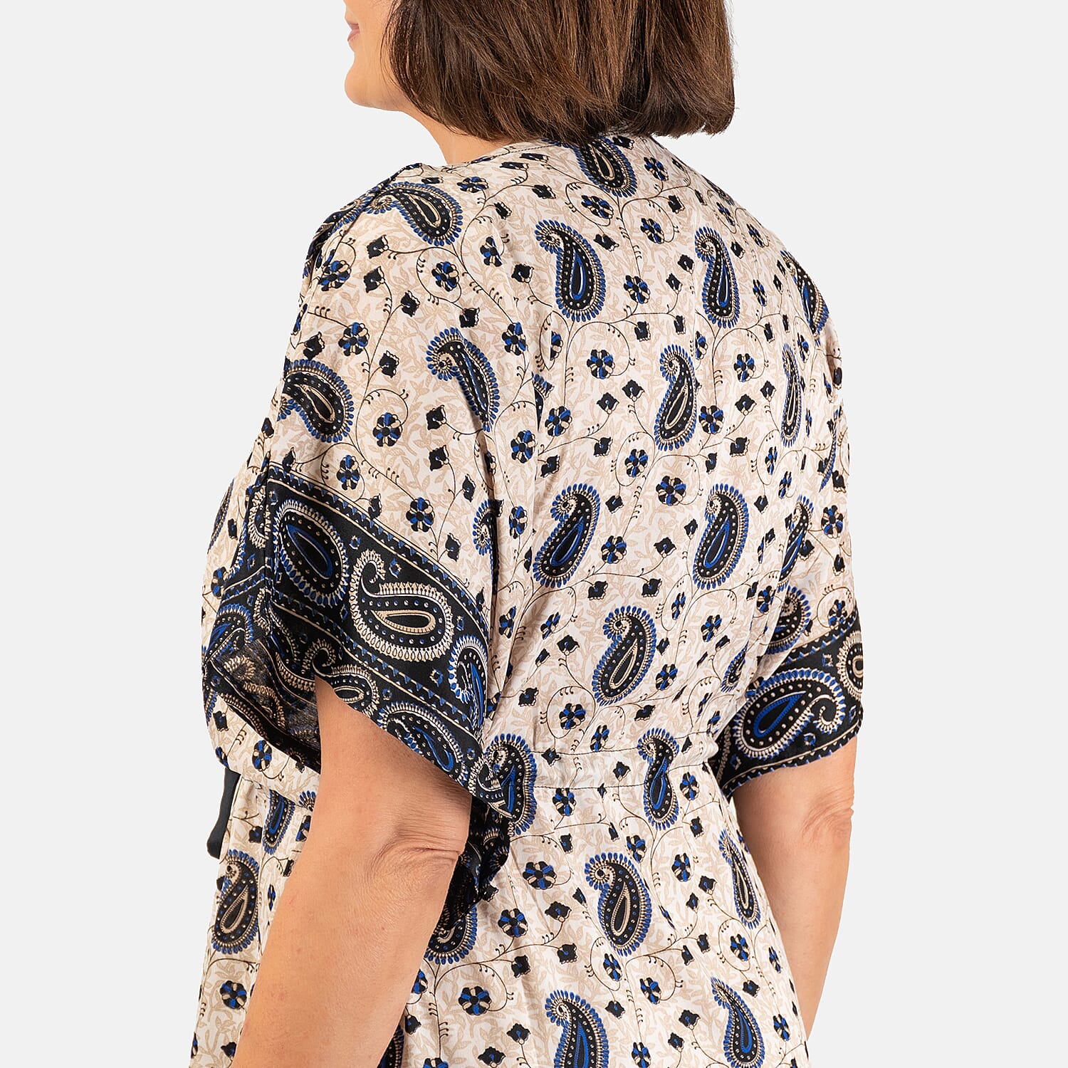 Paisley Printed Kaftan with Micro Drawstring at Waist (One Size) - Navy