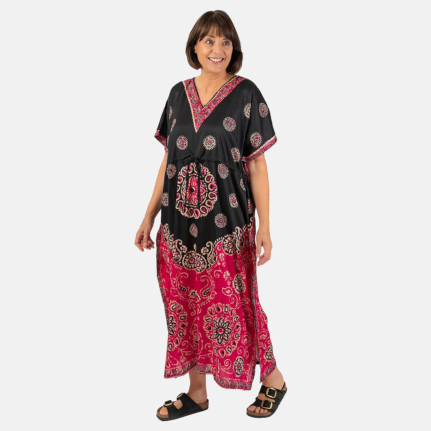 Printed Kaftan with Micro Drawstring at Waist (One Size) - Black & Pink