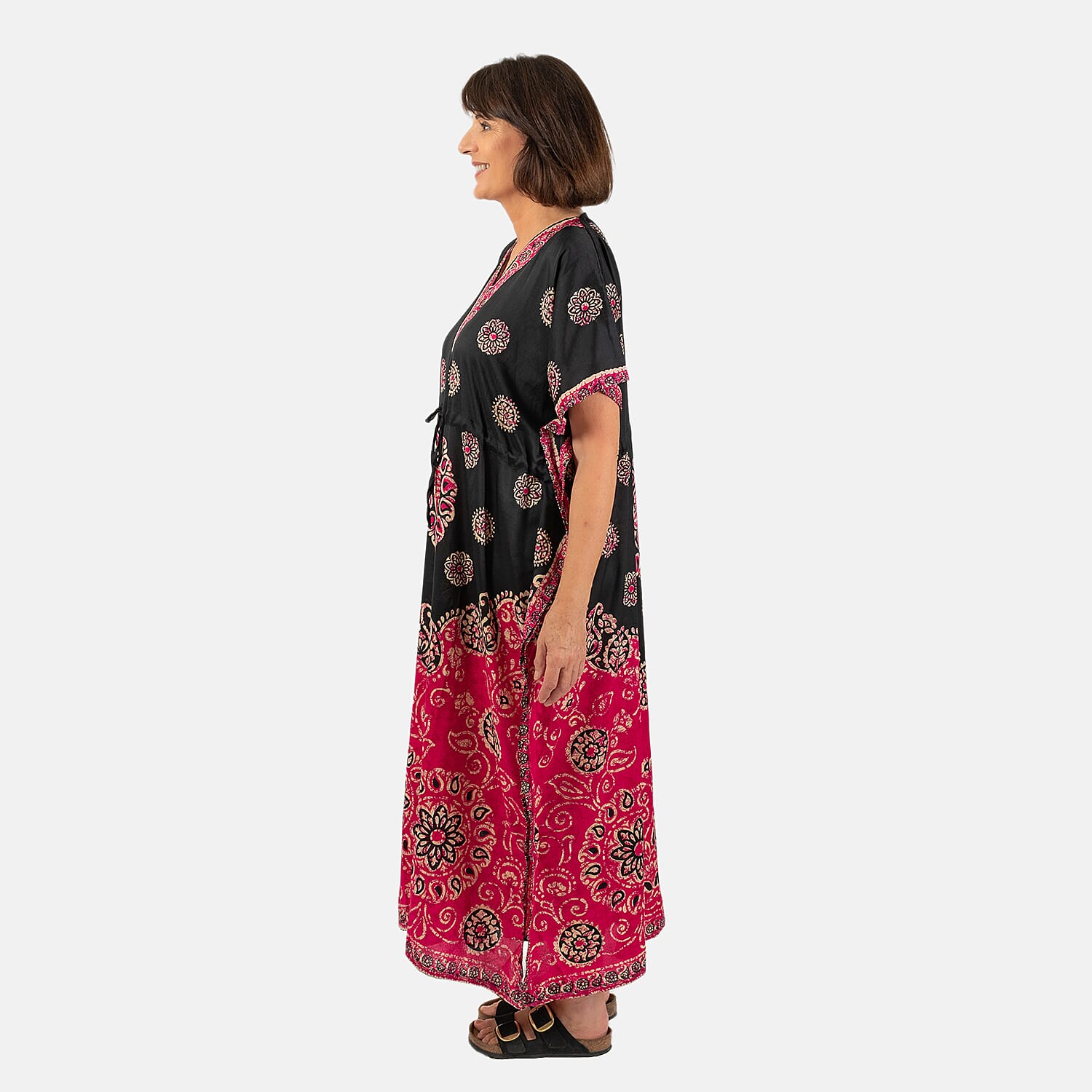 Printed Kaftan with Micro Drawstring at Waist (One Size) - Black & Pink