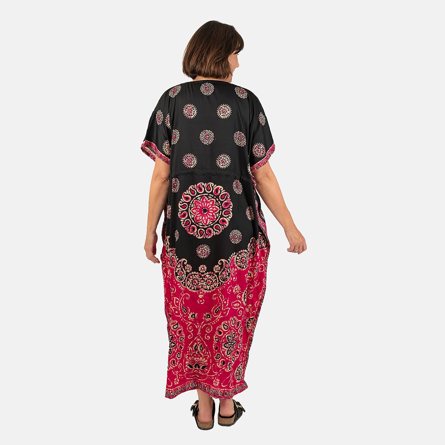 Printed Kaftan with Micro Drawstring at Waist (One Size) - Black & Pink