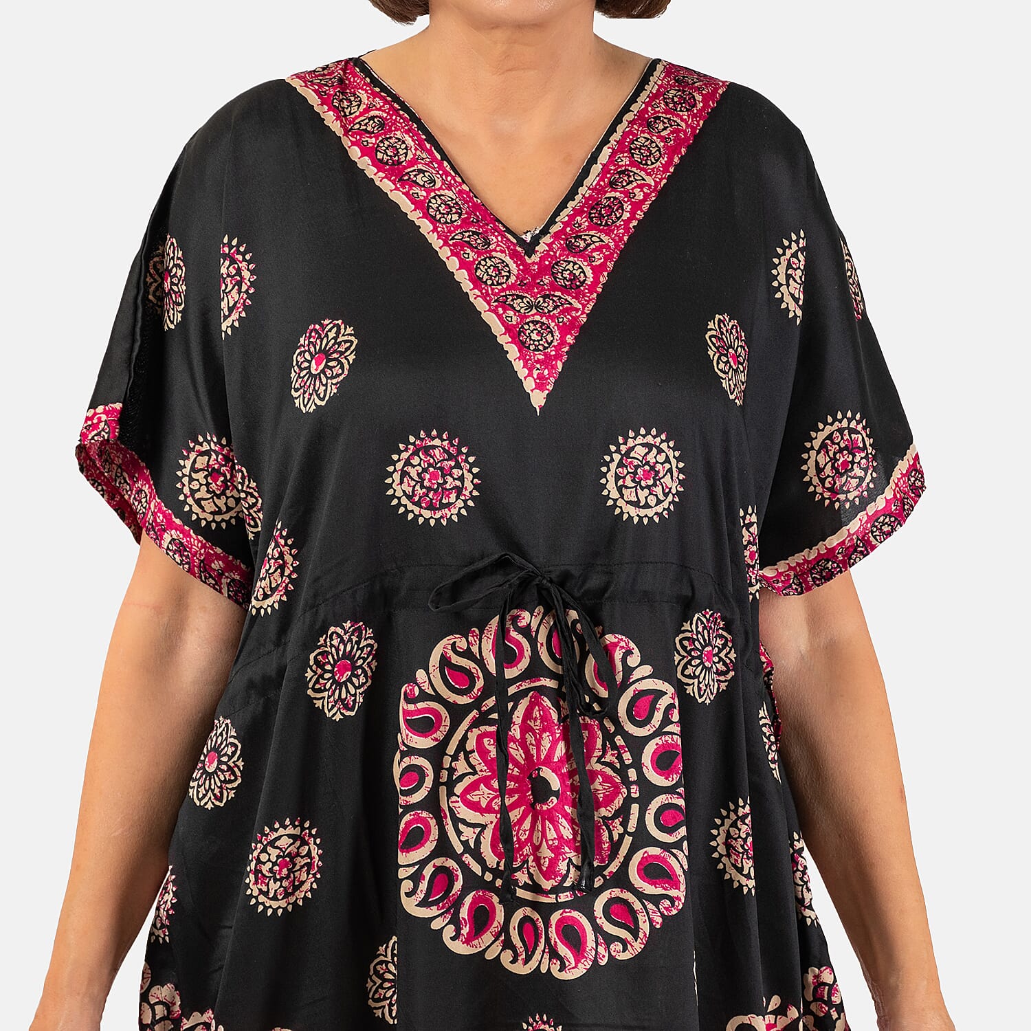 Printed Kaftan with Micro Drawstring at Waist (One Size) - Black & Pink