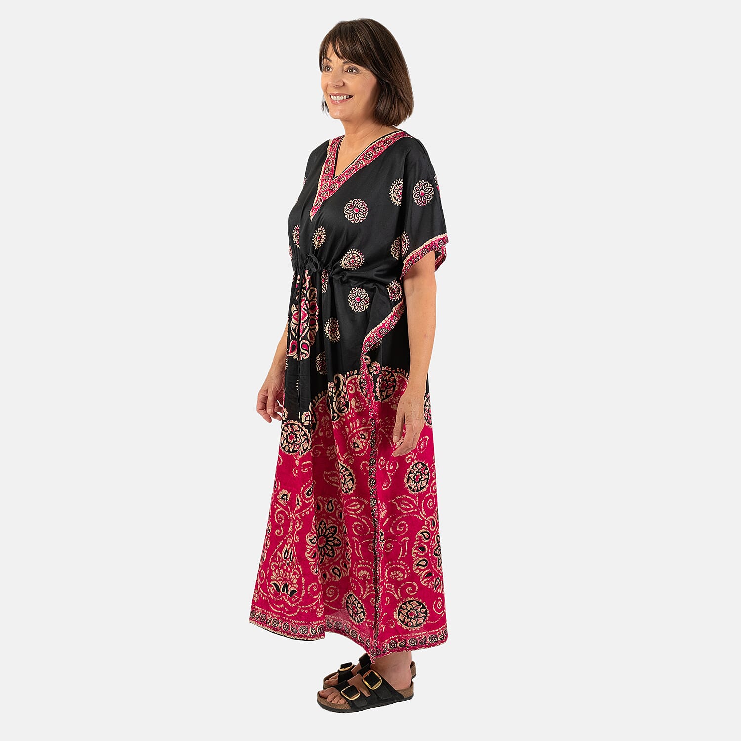 Printed Kaftan with Micro Drawstring at Waist (One Size) - Black & Pink
