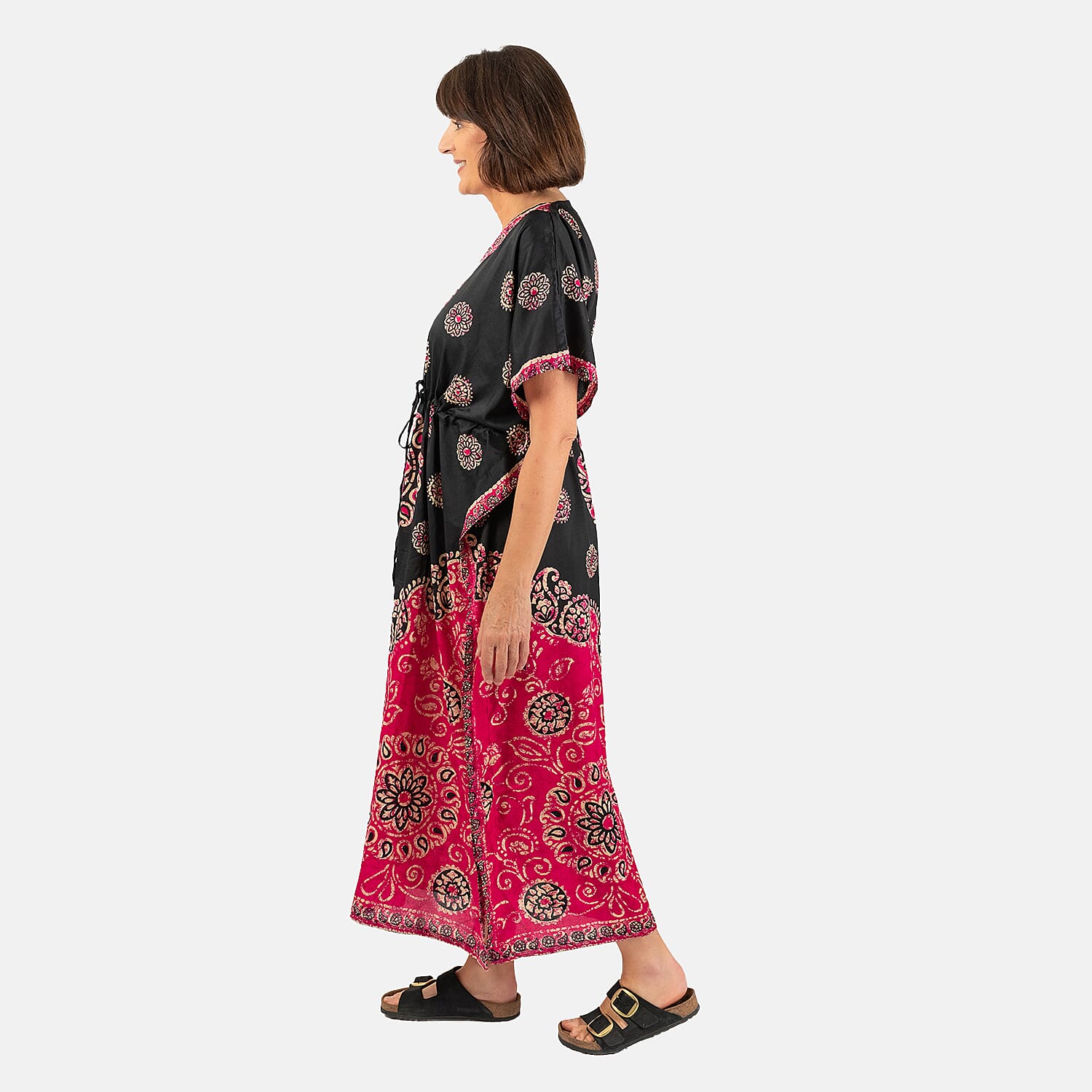Printed Kaftan with Micro Drawstring at Waist (One Size) - Black & Pink