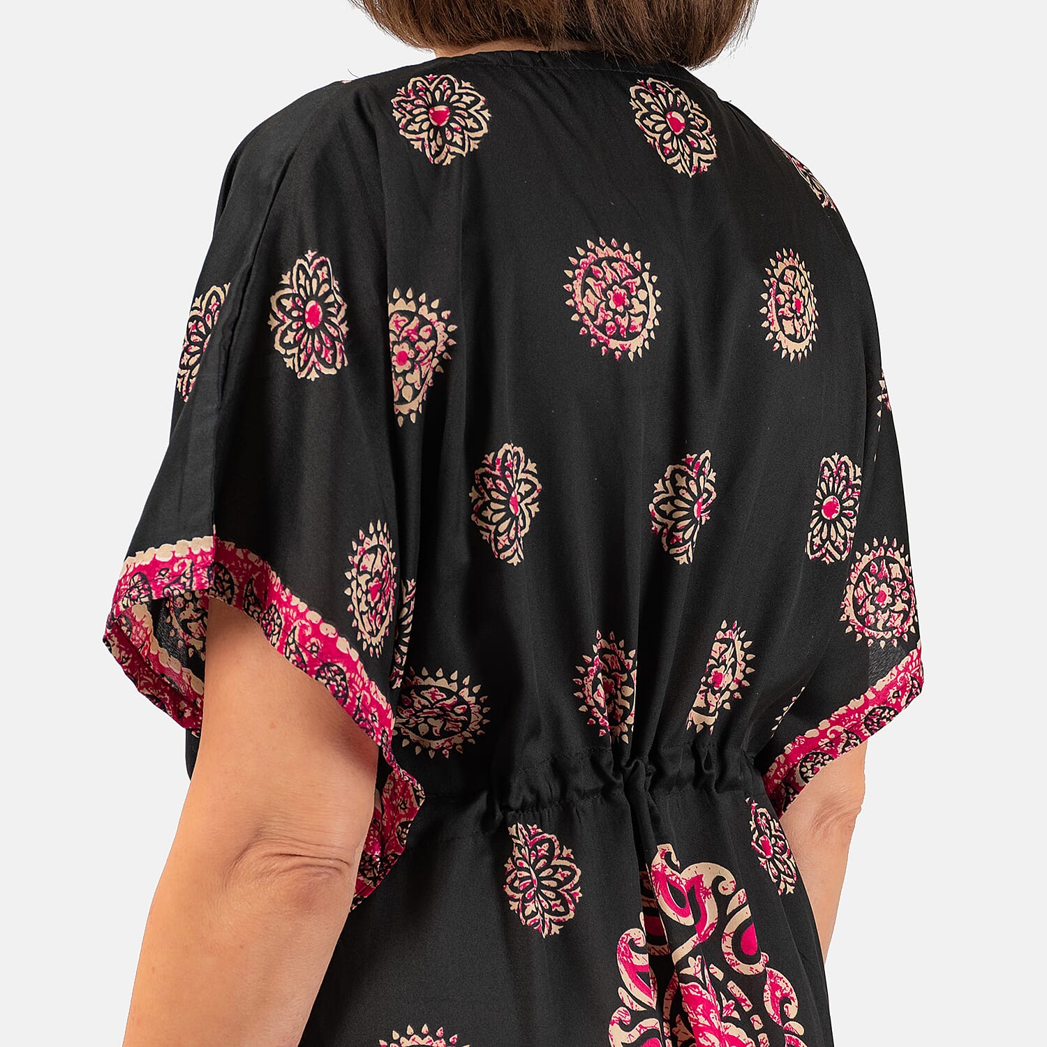 Printed Kaftan with Micro Drawstring at Waist (One Size) - Black & Pink
