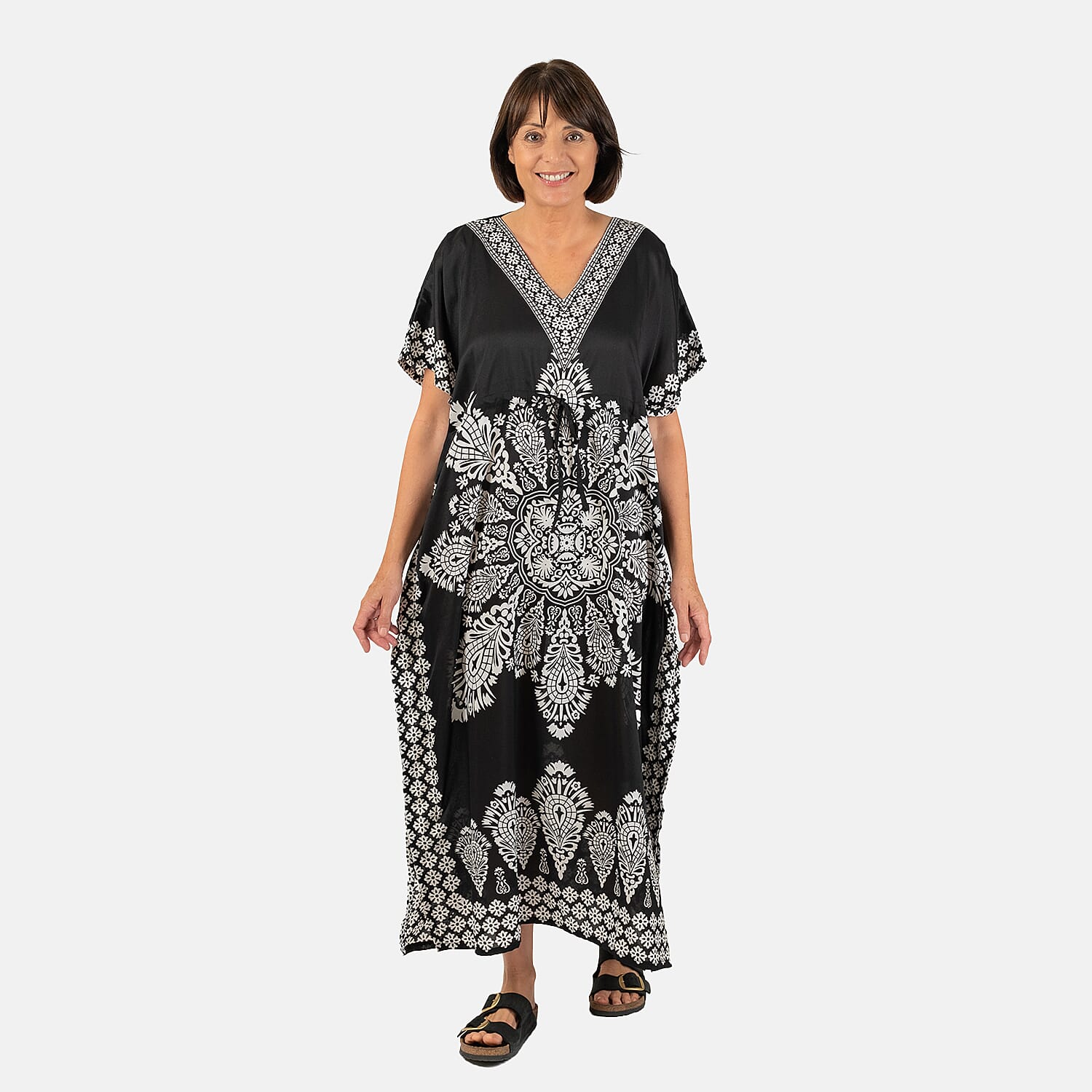 Printed Kaftan with Micro Drawstring at Waist (One Size) - Black & White