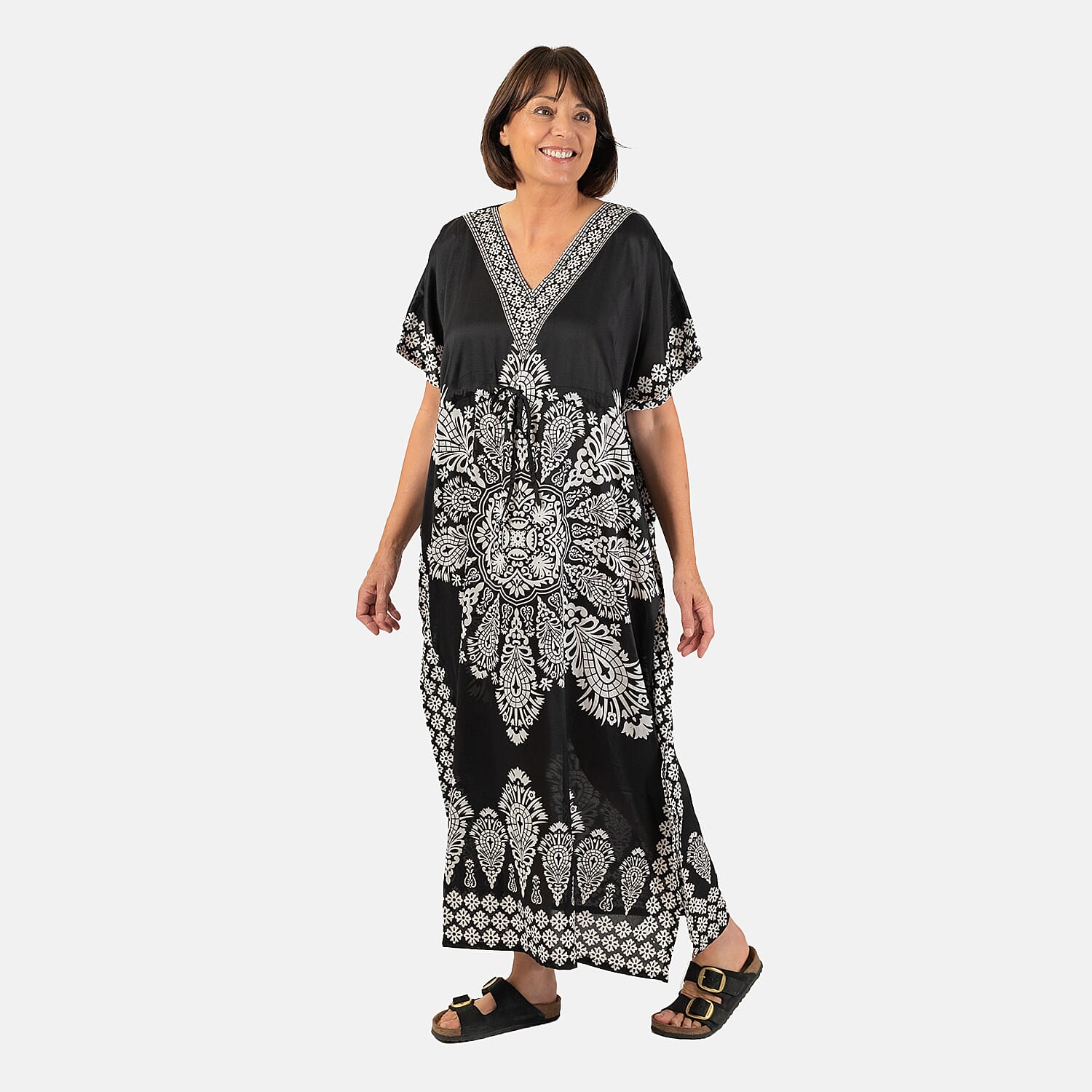 Printed Kaftan with Micro Drawstring at Waist (One Size) - Black & White