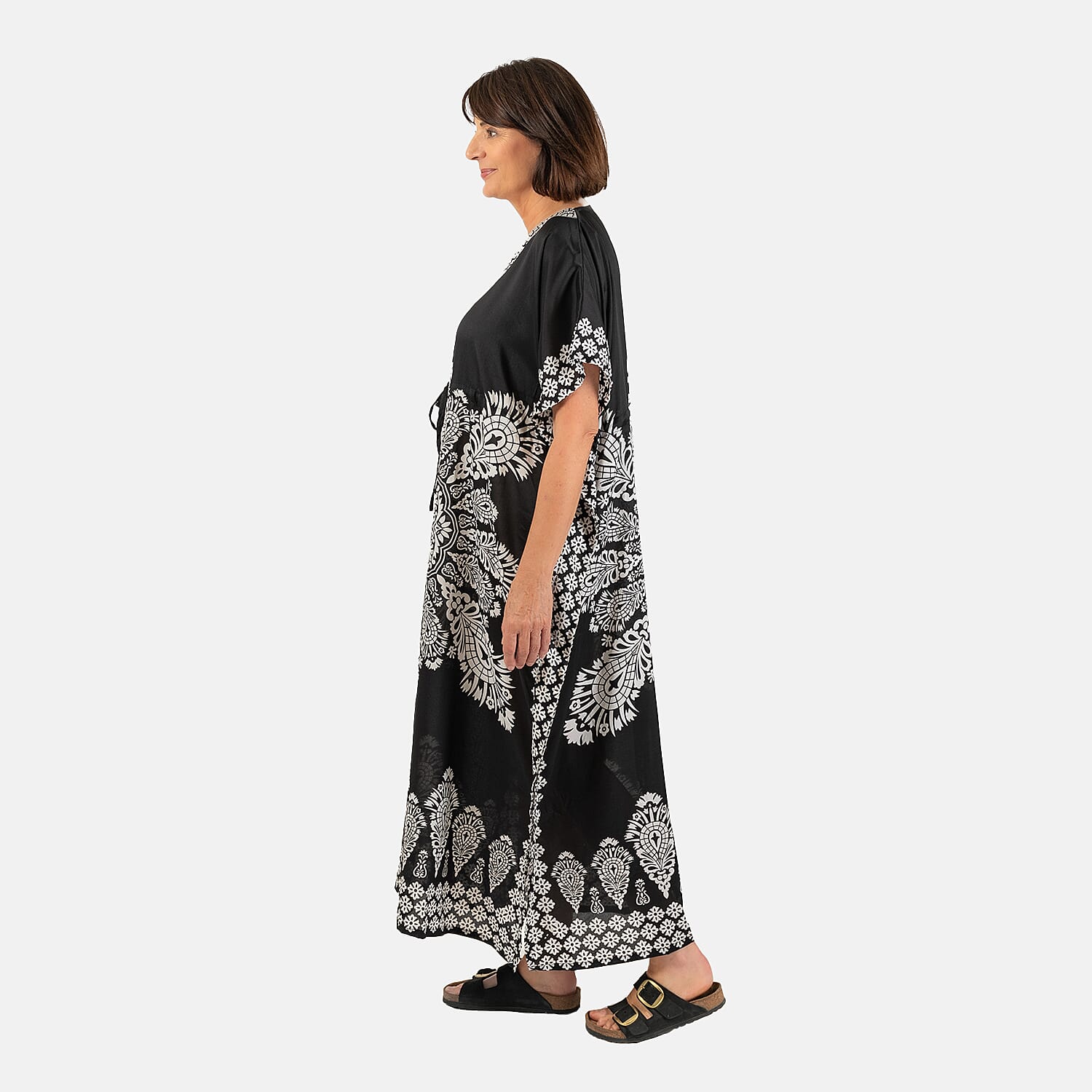 Printed Kaftan with Micro Drawstring at Waist (One Size) - Black & White