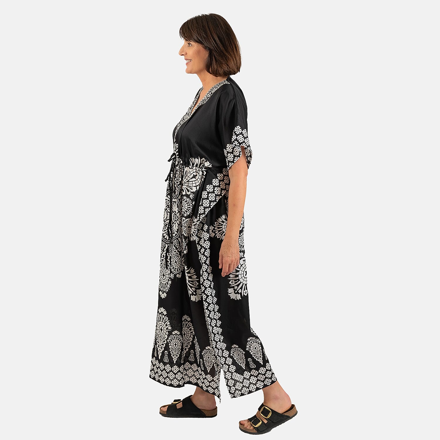 Printed Kaftan with Micro Drawstring at Waist (One Size) - Black & White