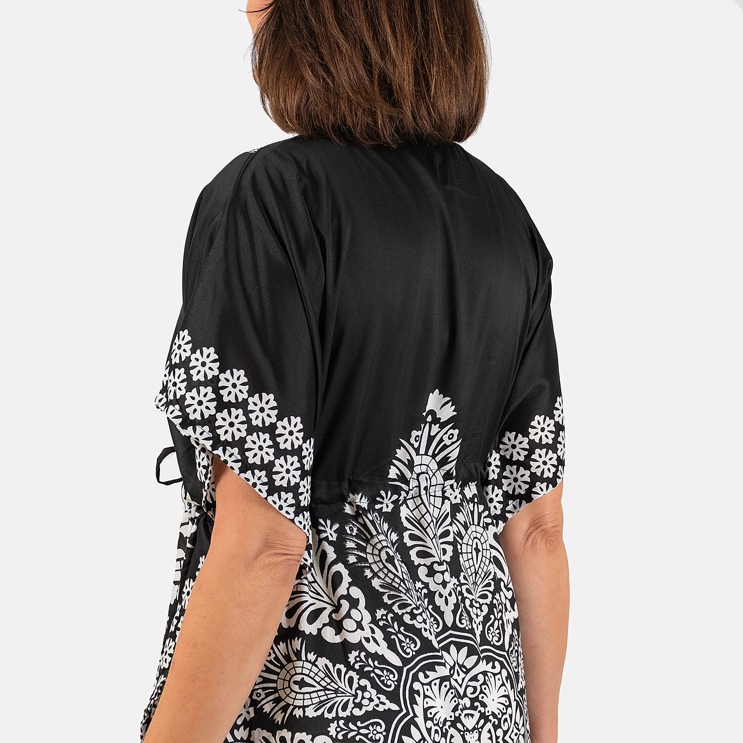 Printed Kaftan with Micro Drawstring at Waist (One Size) - Black & White