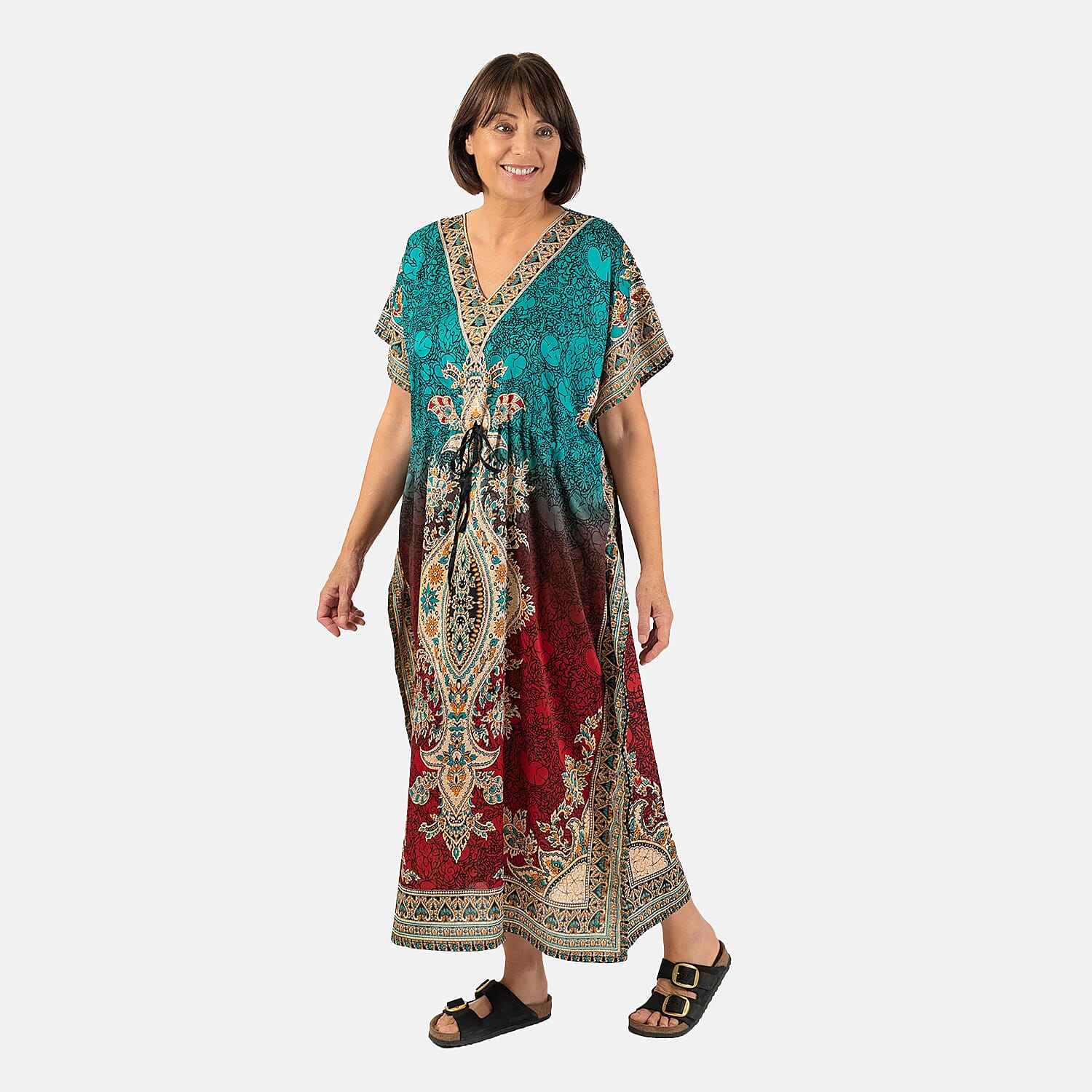 Printed Kaftan with Micro Drawstring at Waist (One Size) - Red & Blue