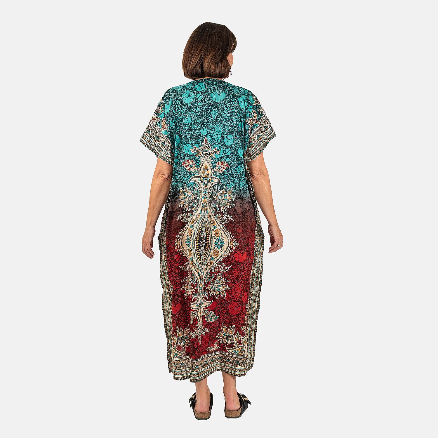 Printed Kaftan with Micro Drawstring at Waist (One Size) - Red & Blue