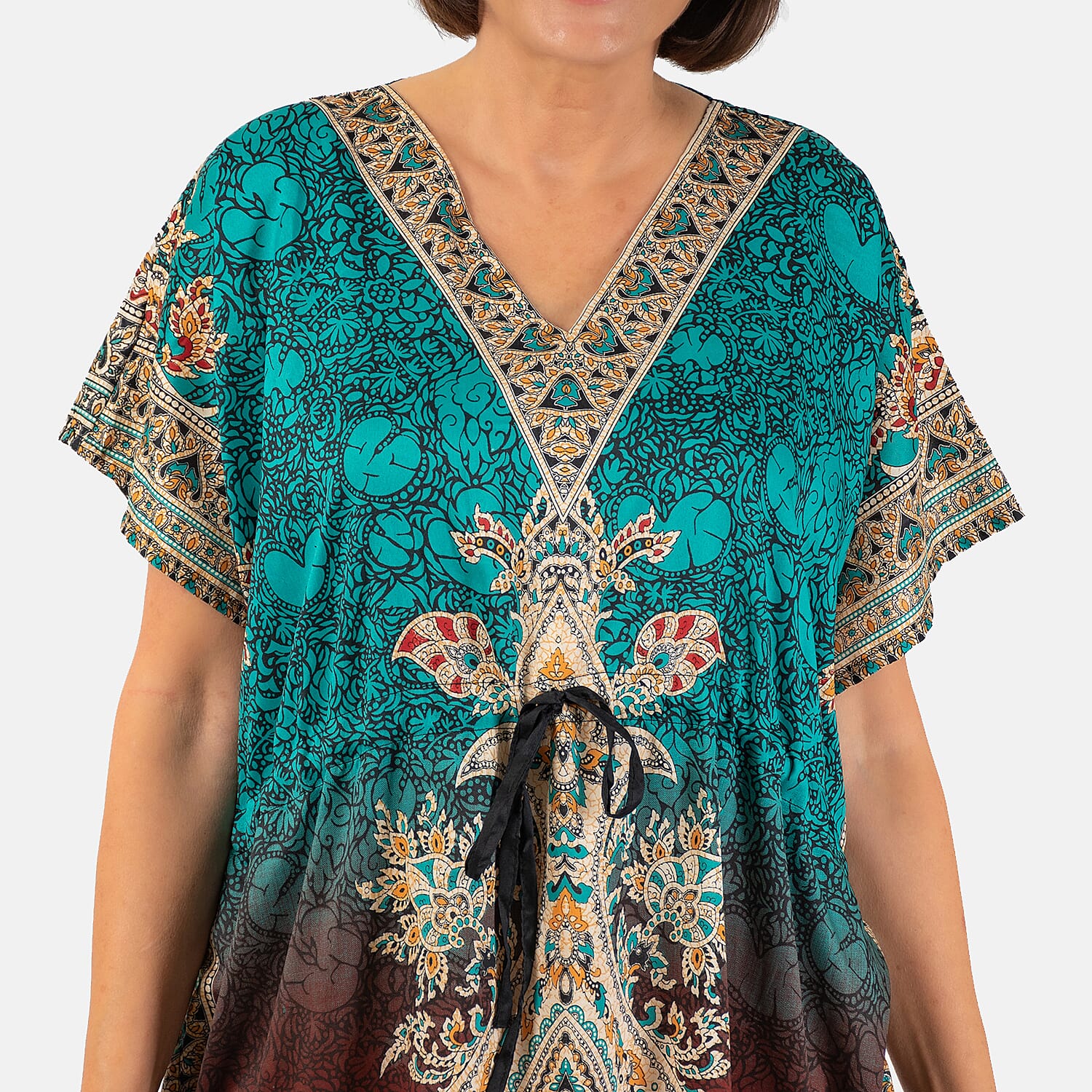 Printed Kaftan with Micro Drawstring at Waist (One Size) - Red & Blue
