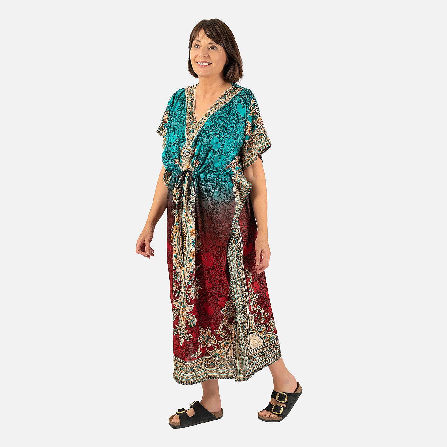 Printed Kaftan with Micro Drawstring at Waist (One Size) - Red & Blue