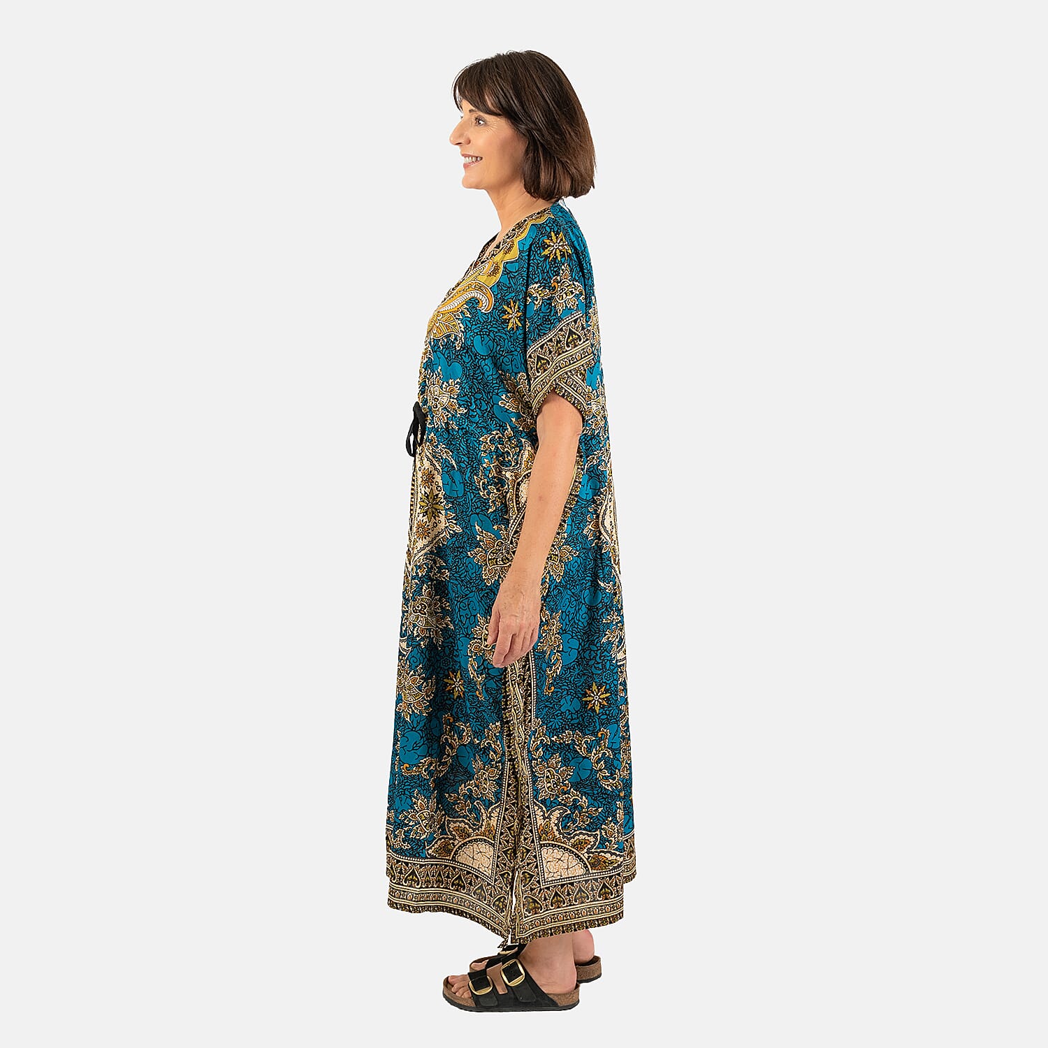 Printed Kaftan with Micro Drawstring at Waist (One Size) - Blue