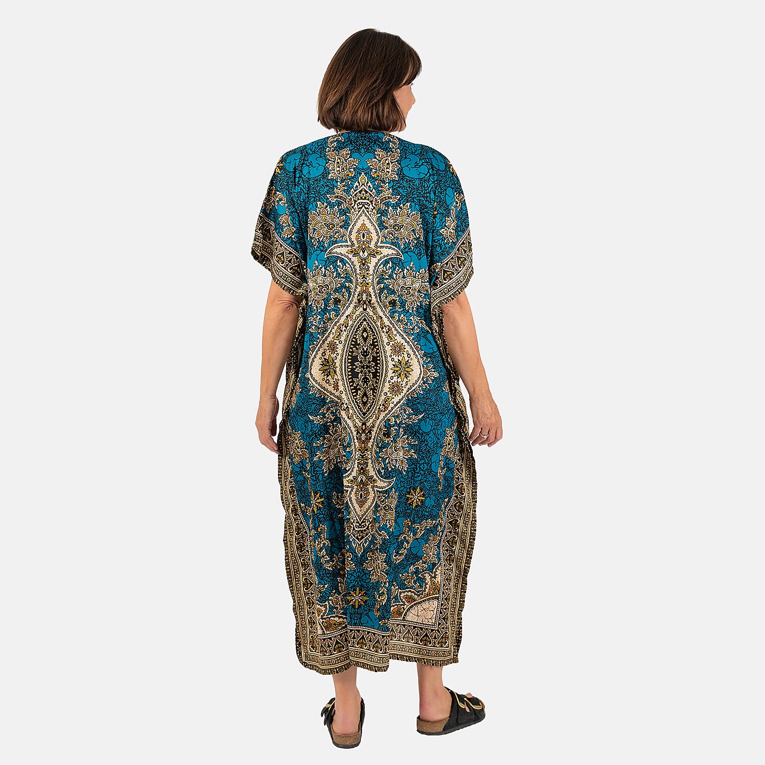 Printed Kaftan with Micro Drawstring at Waist (One Size) - Blue