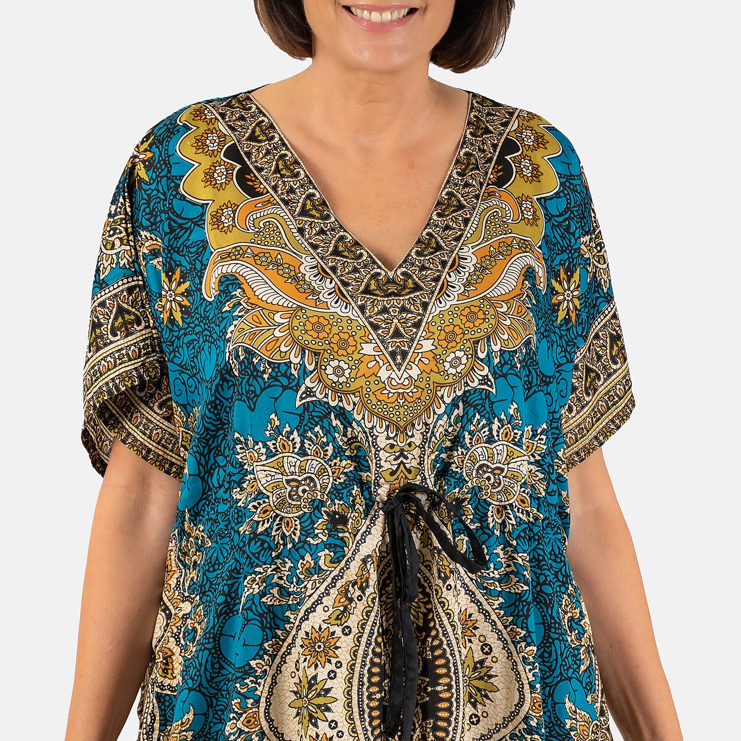 Printed Kaftan with Micro Drawstring at Waist (One Size) - Blue