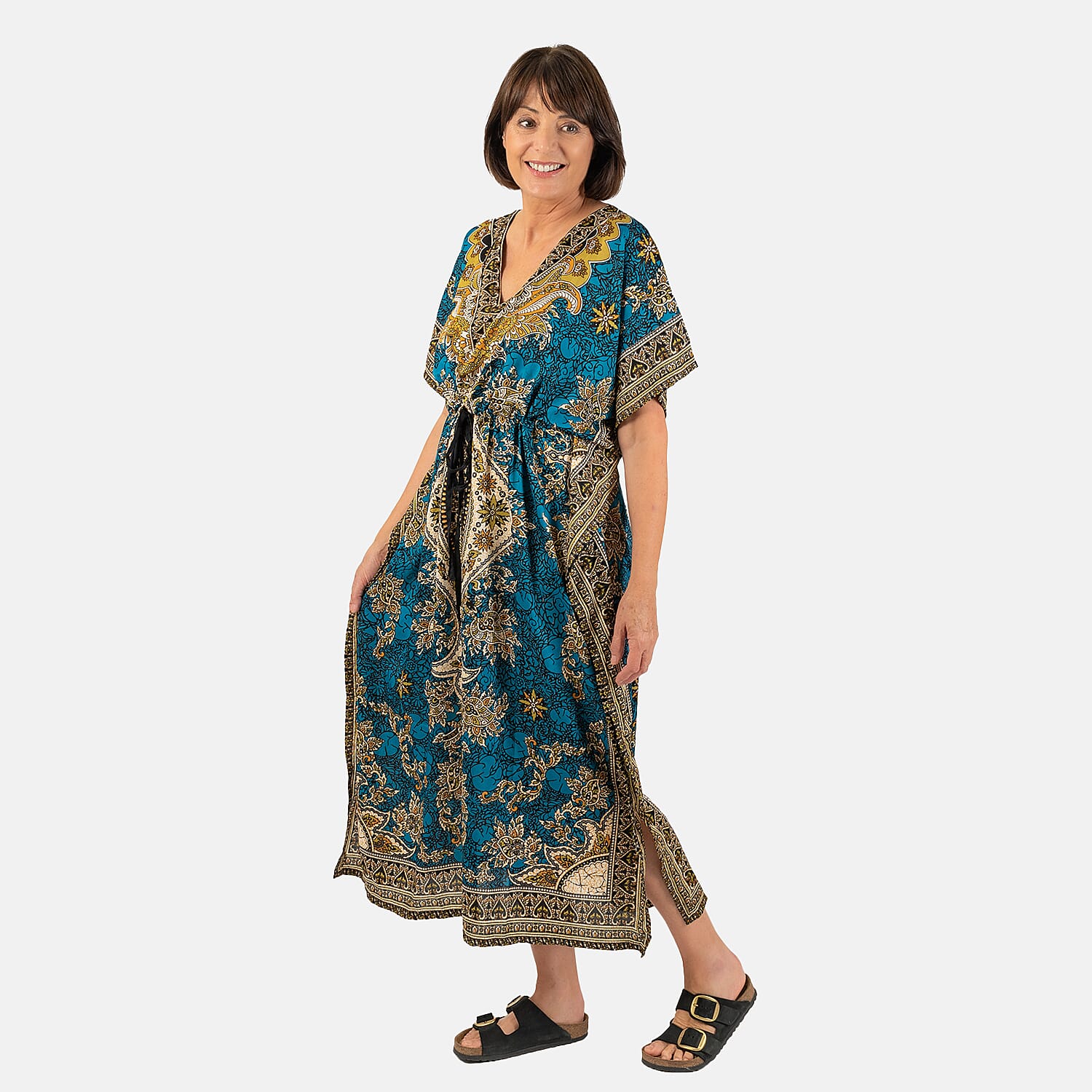 Printed Kaftan with Micro Drawstring at Waist (One Size) - Blue