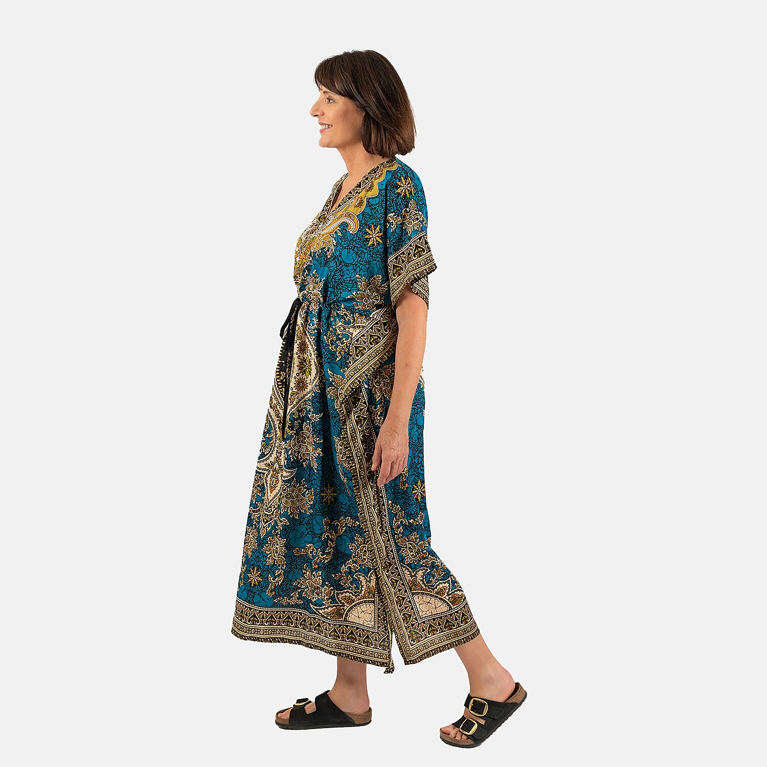 Printed Kaftan with Micro Drawstring at Waist (One Size) - Blue