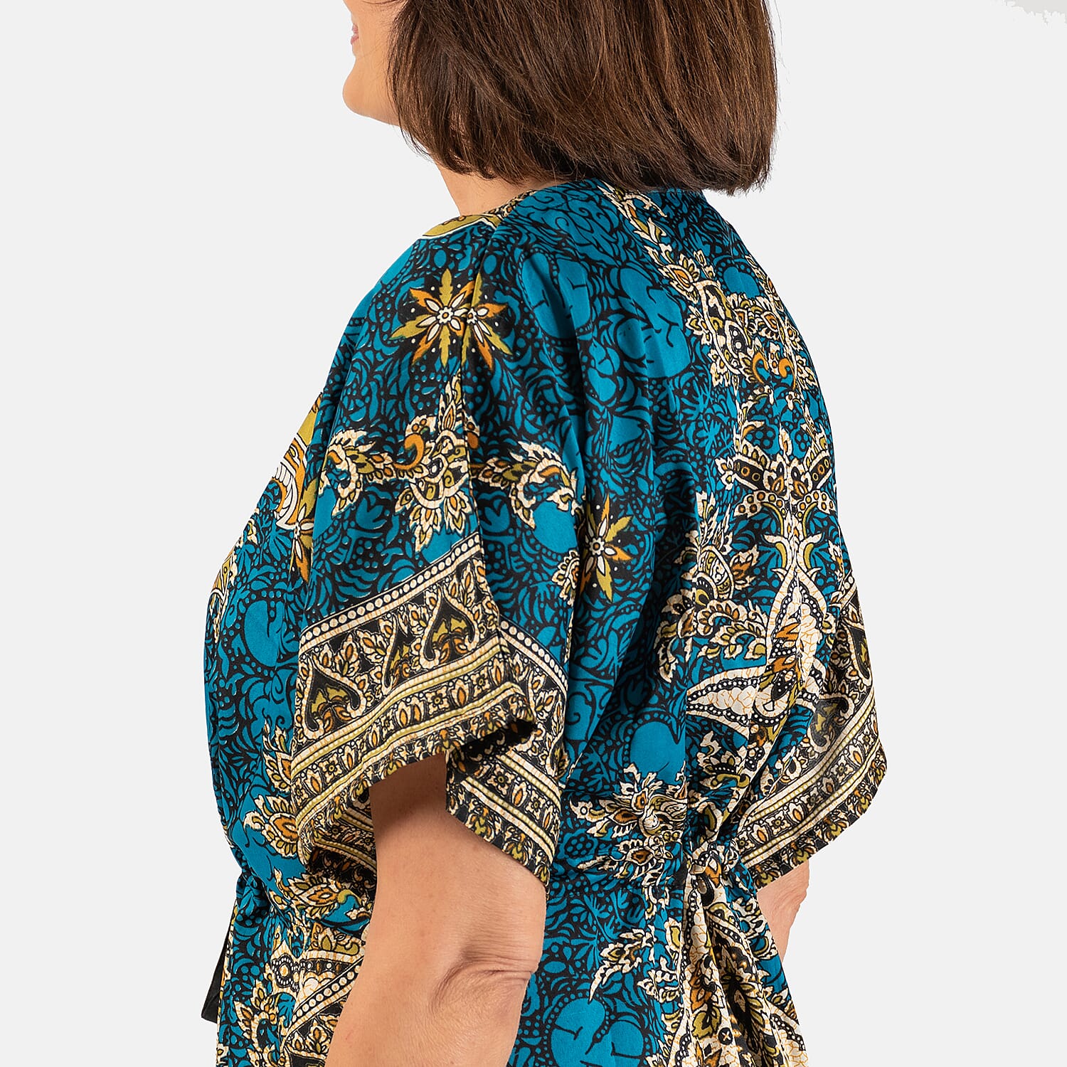 Printed Kaftan with Micro Drawstring at Waist (One Size) - Blue