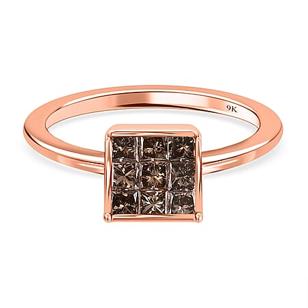 Natural Champagne Diamond Cluster Ring in 9K Rose Gold, SGL Certified