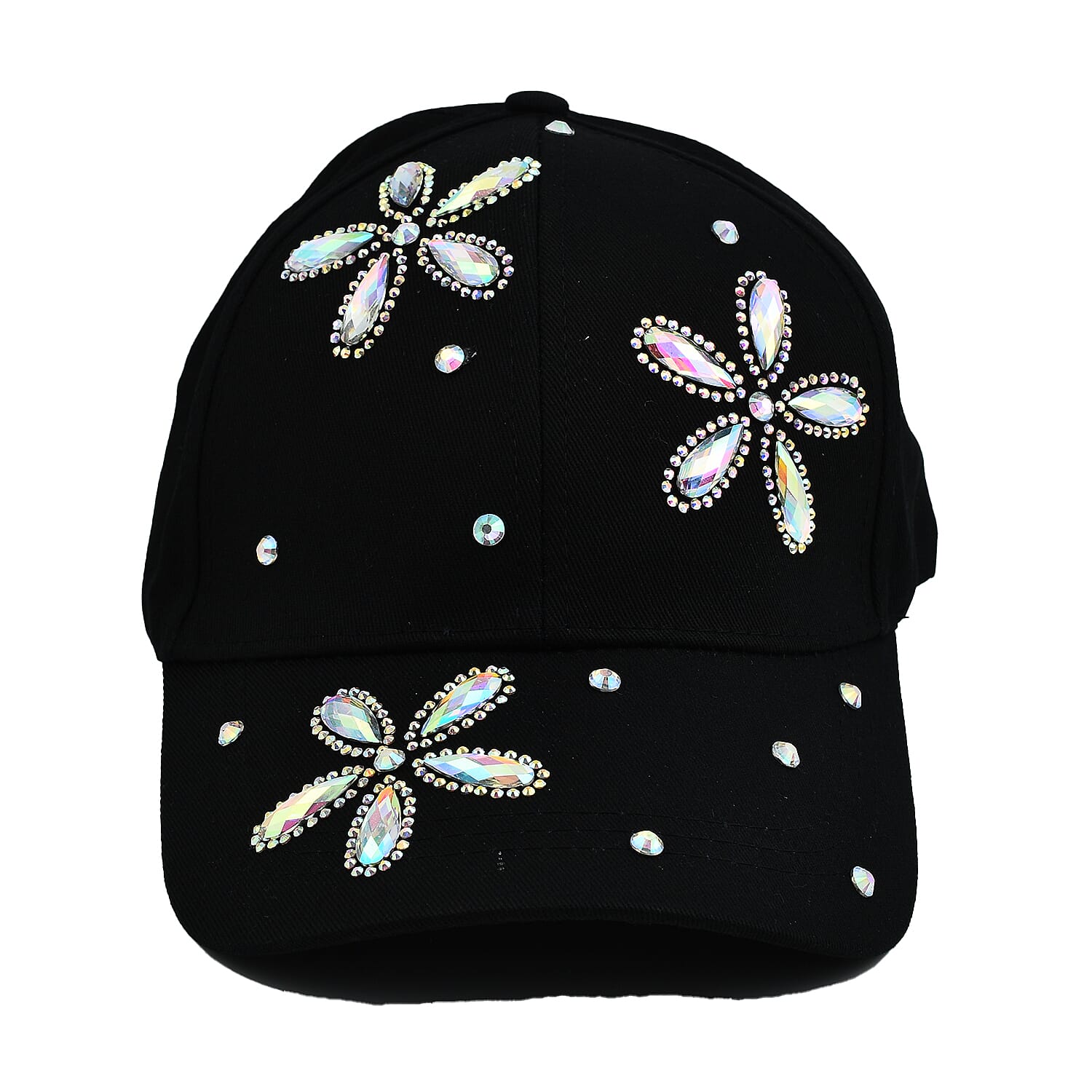 Crystal Floral Pattern Cap (One Size) - Black