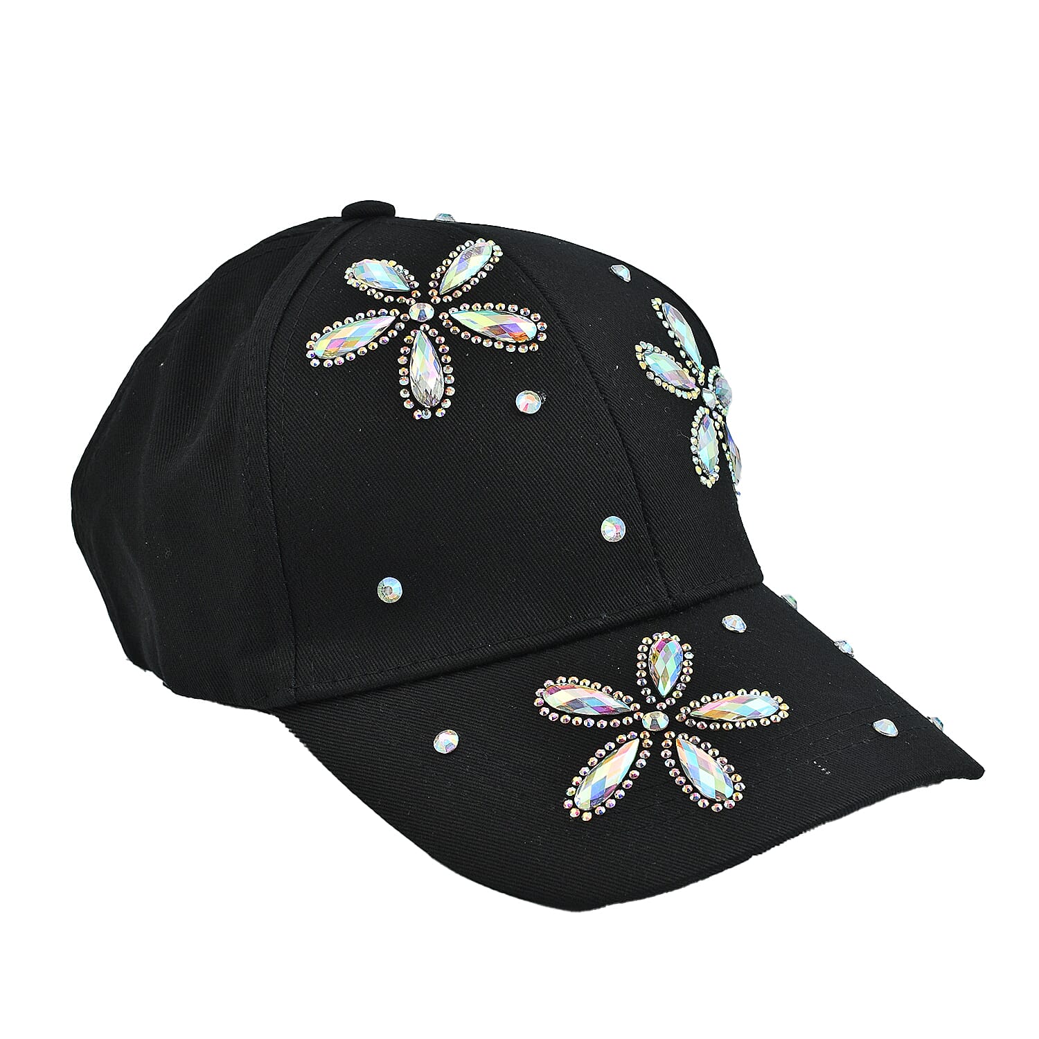 Crystal Floral Pattern Cap (One Size) - Black