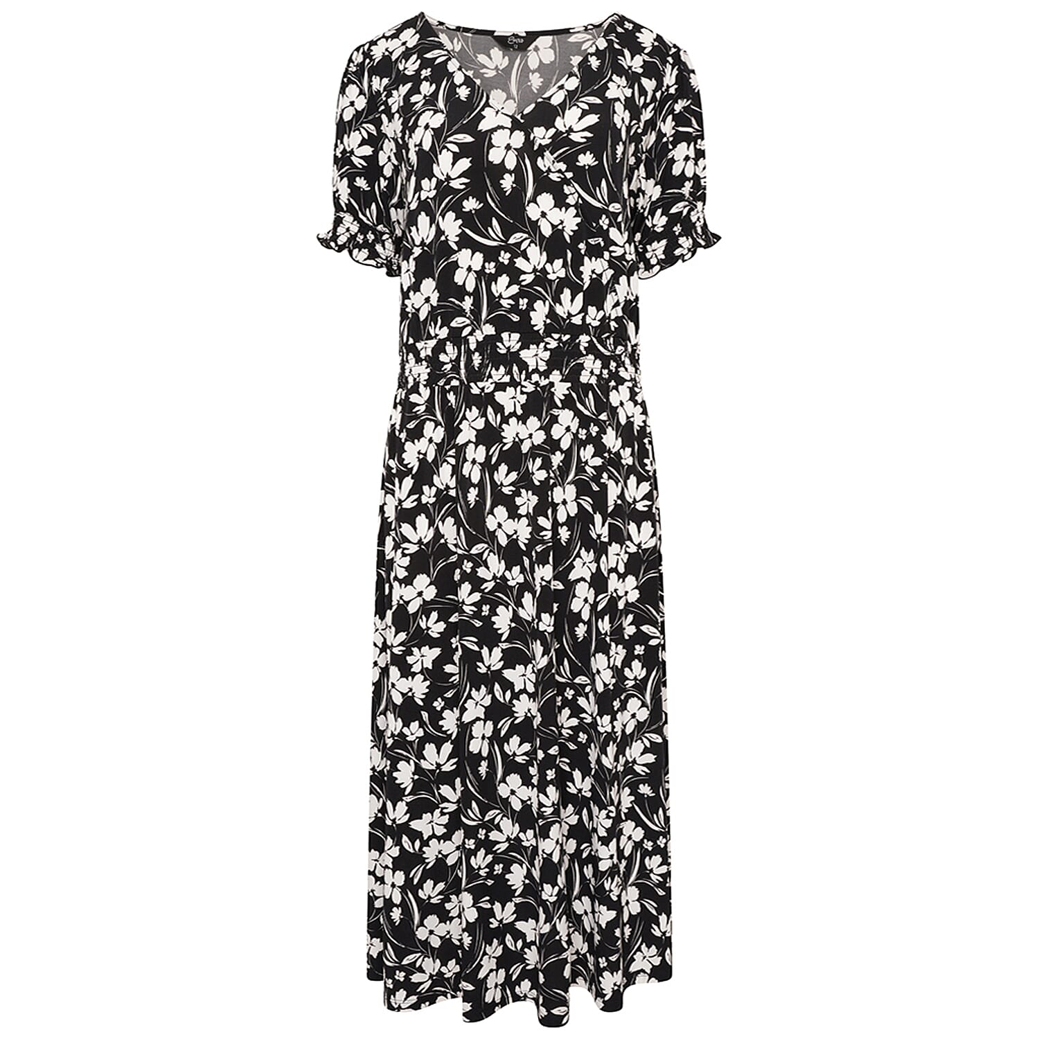 Emreco Floral Print Shirred Wrap Tea Dress (Size 12) - Black