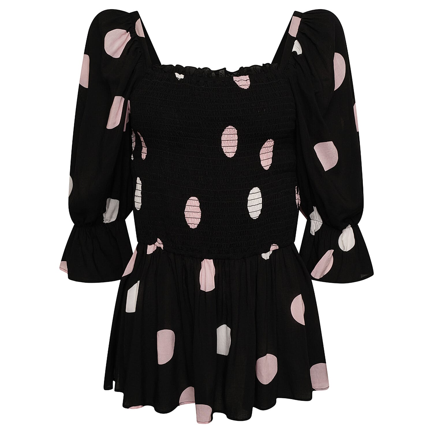 Emreco Ruffle Peplum Smock Top with Spots - Black & Cream