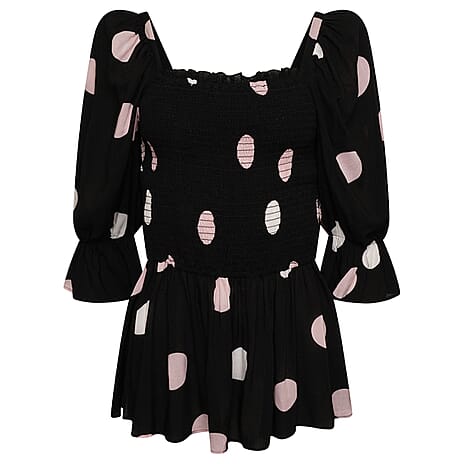 Emreco Ruffle Peplum Smock Top with Spots (Size 12) - Black & Cream