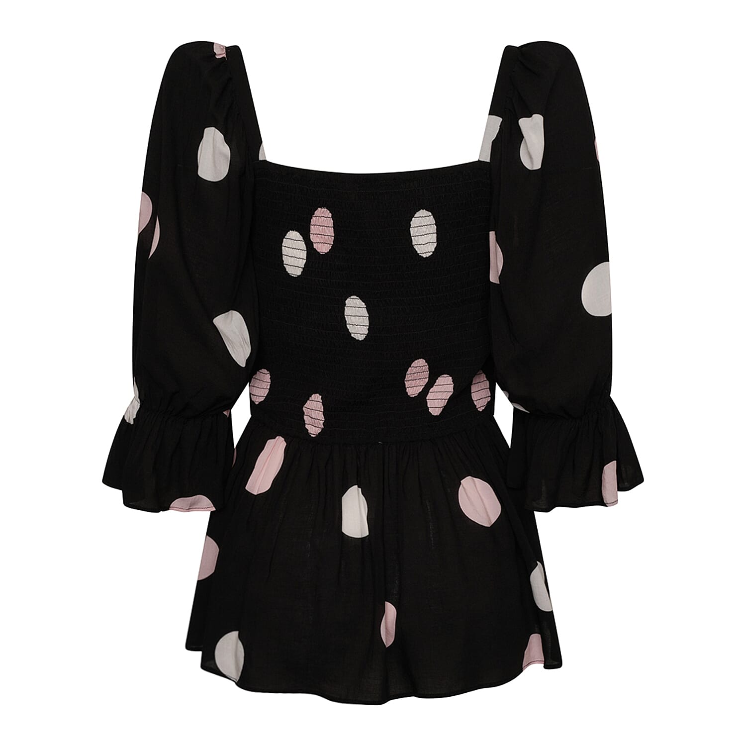 Emreco Ruffle Peplum Smock Top with Spots - Black & Cream