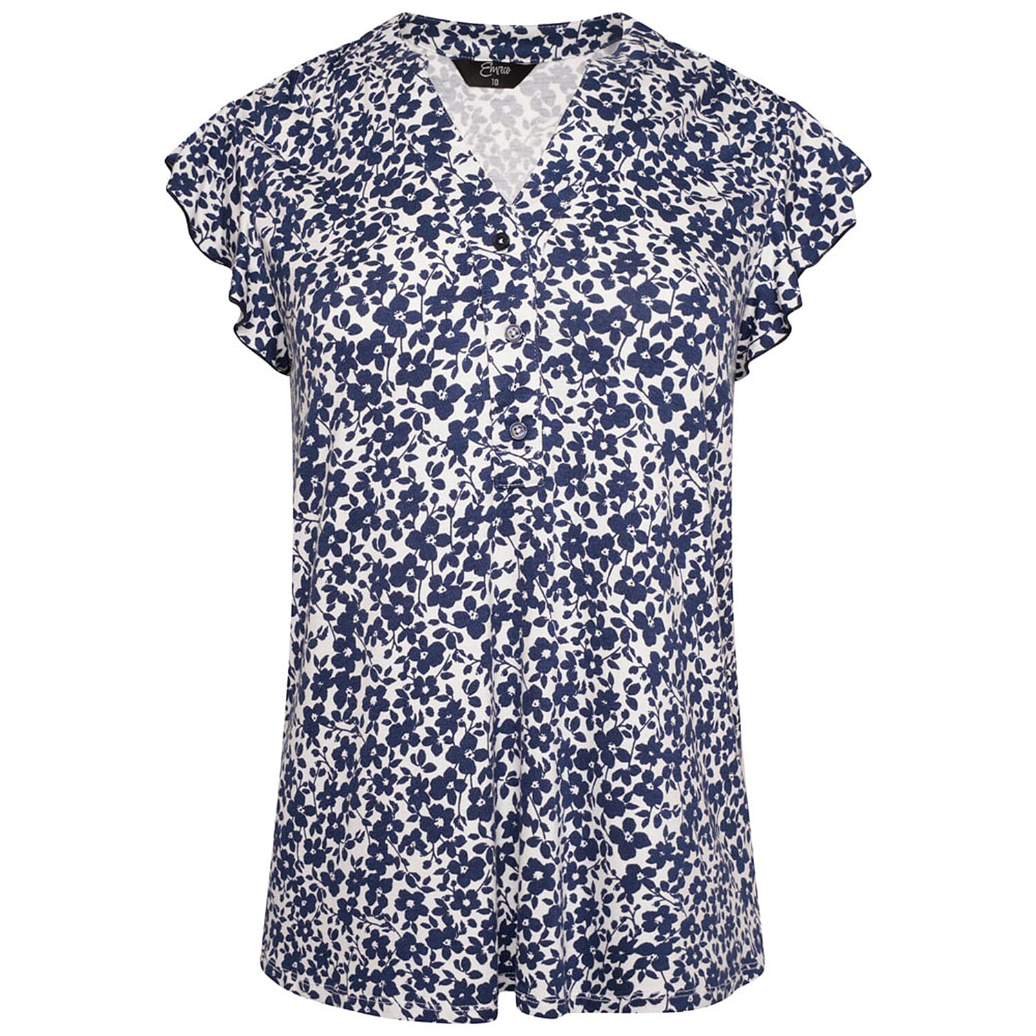 Emreco Short Frill Sleeves Floral Printed Top (Size 10) - White & Navy