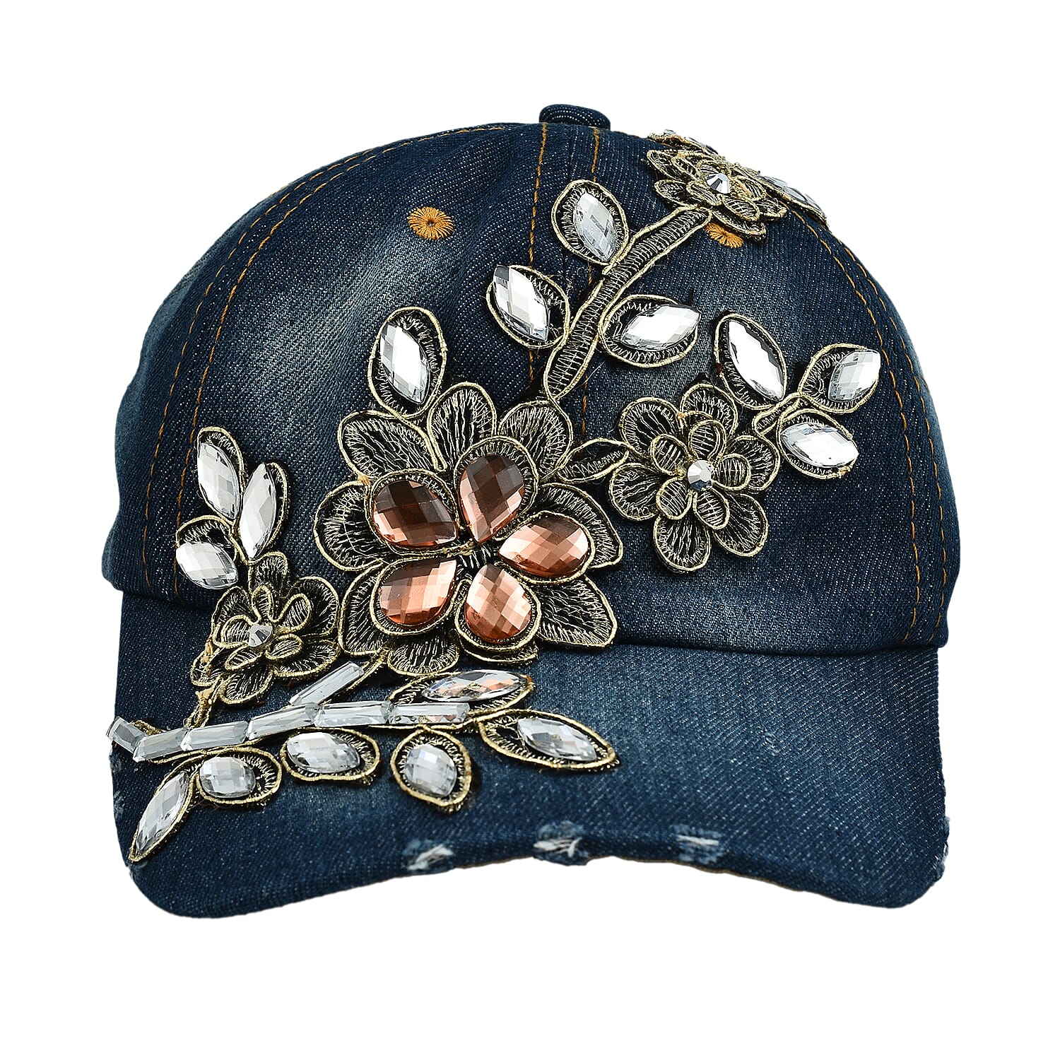 Denim Flower and Crystal Embroidered Studded Cap (One Size)
