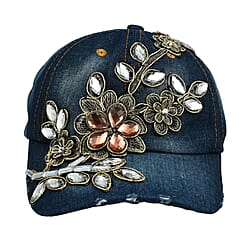 Denim Crystal Embroidered Studded Love Caption Cap (One Size)