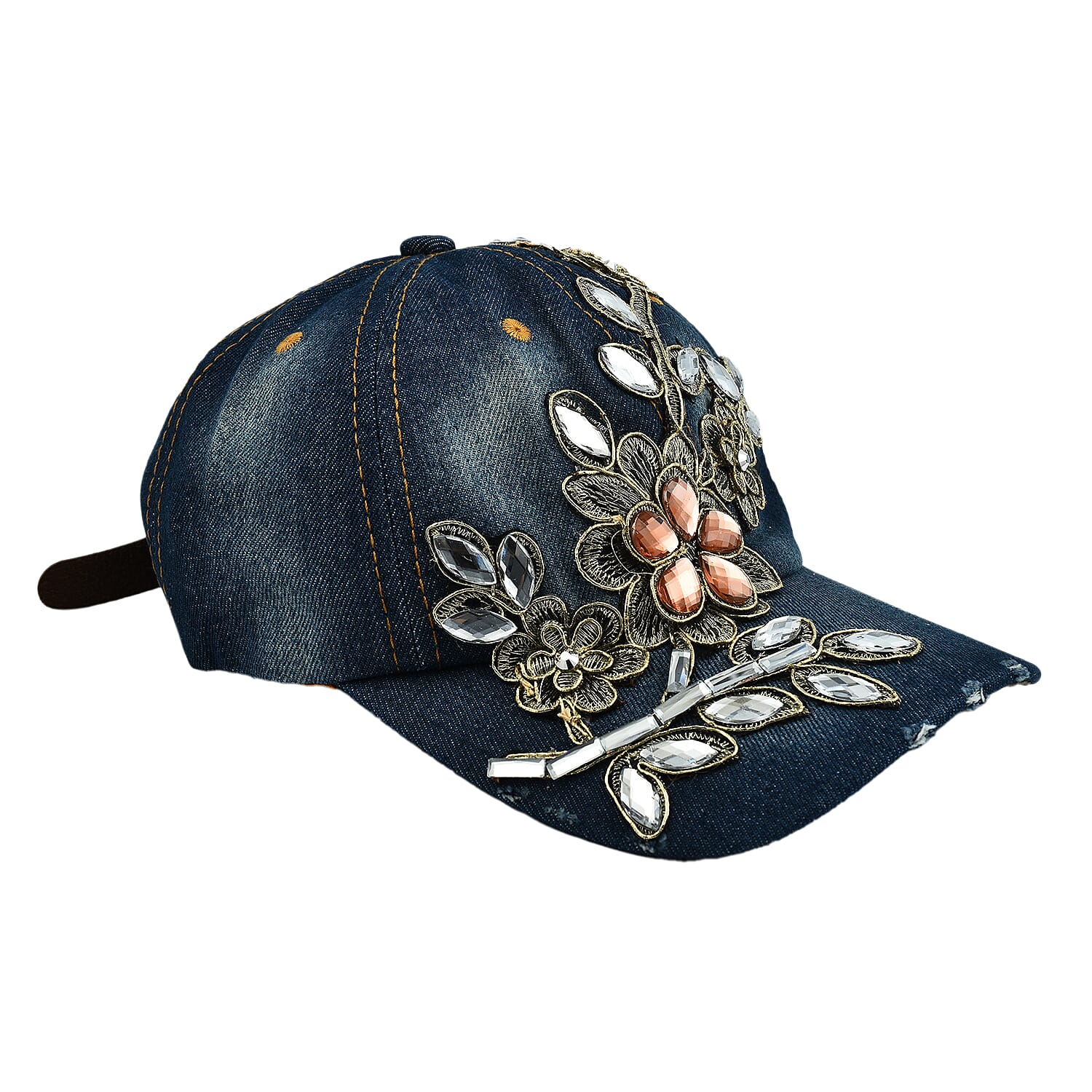Denim Flower and Crystal Embroidered Studded Cap (One Size)