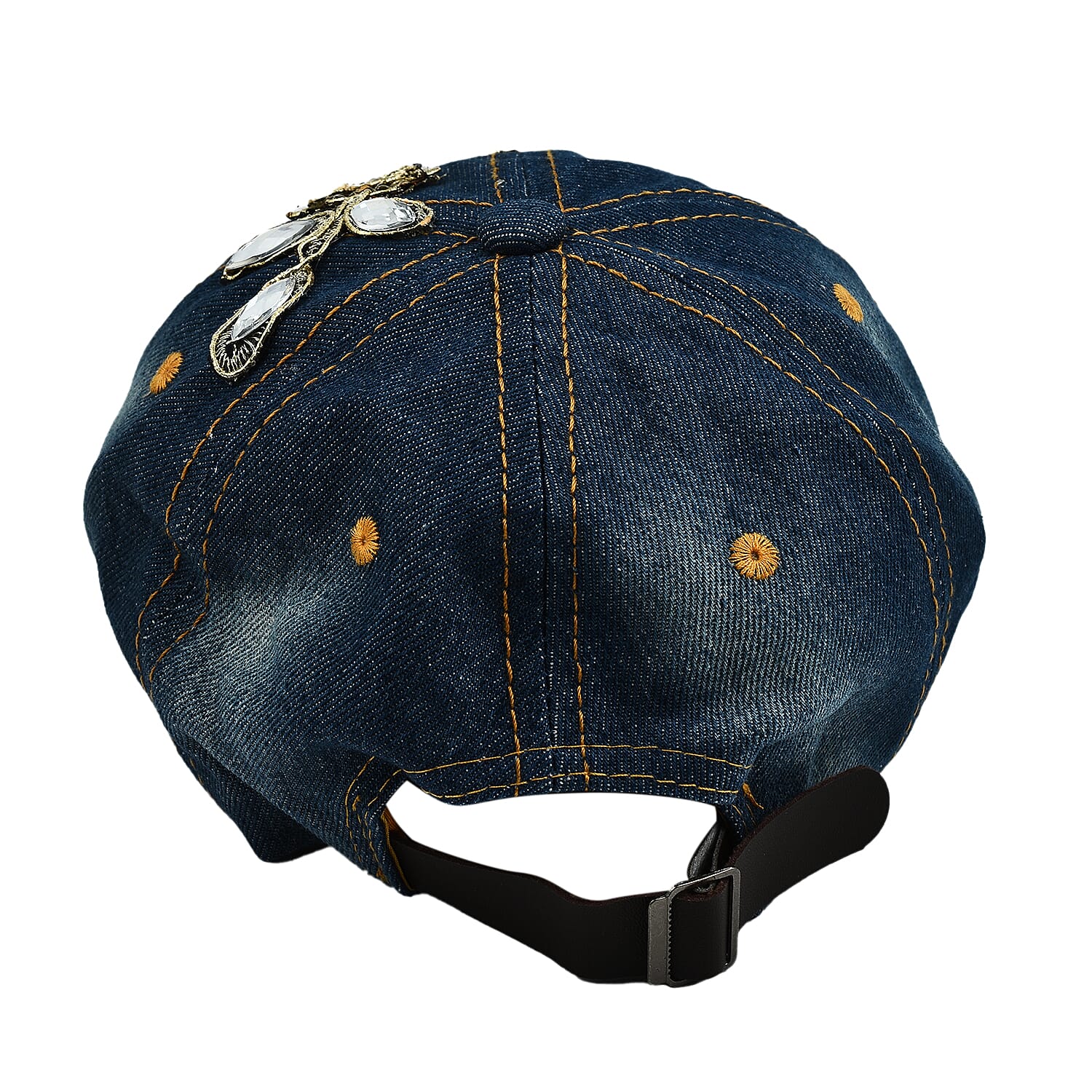 Denim Flower and Crystal Embroidered Studded Cap (One Size)