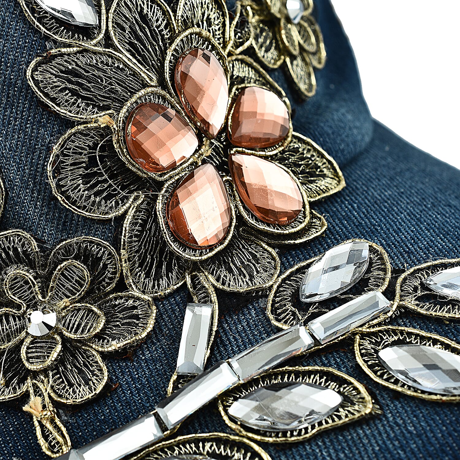Denim Flower and Crystal Embroidered Studded Cap (One Size)