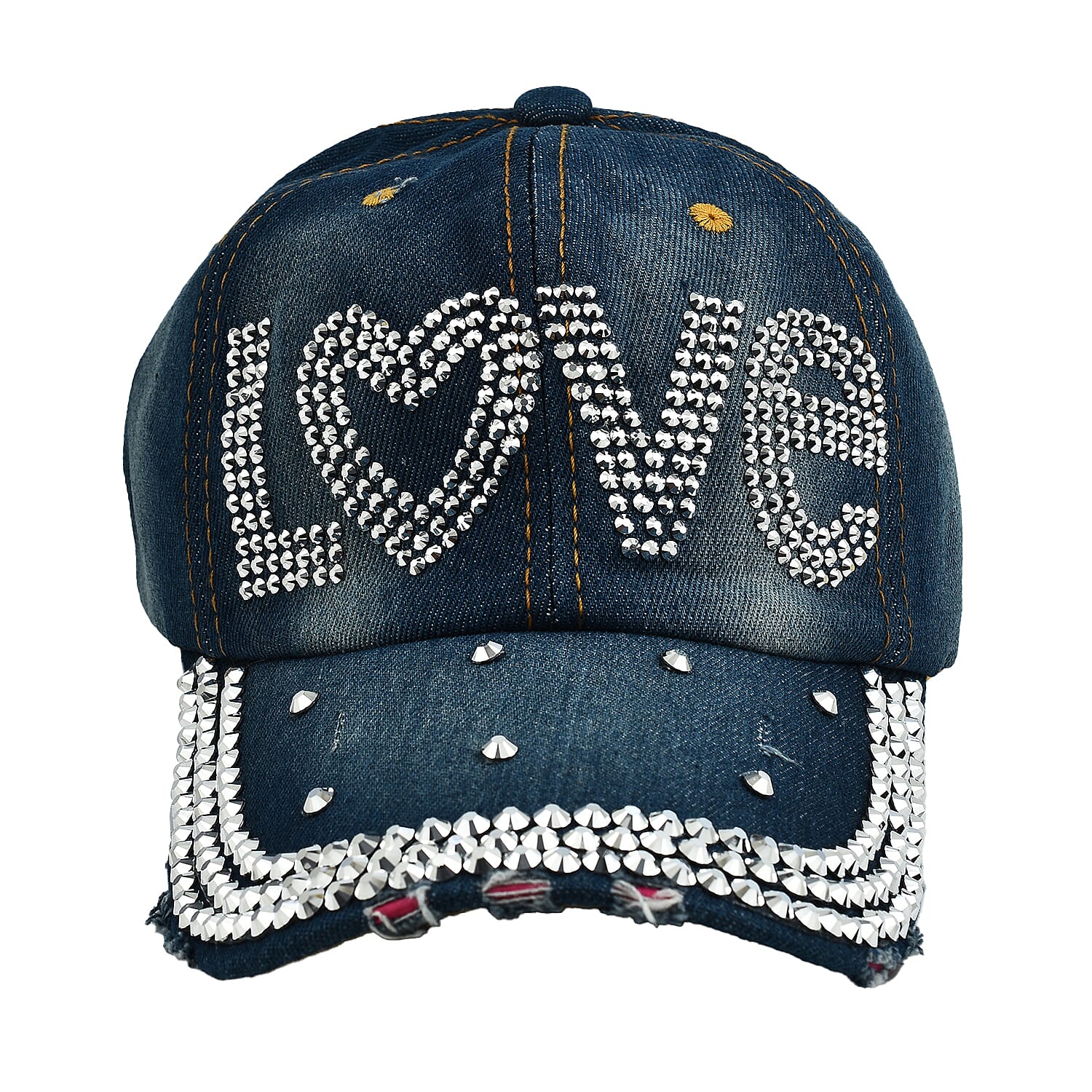 Denim Crystal Embroidered Studded Love Caption Cap (One Size)