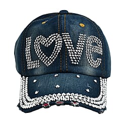 Denim Crystal Embroidered Studded Love Caption Cap (One Size)