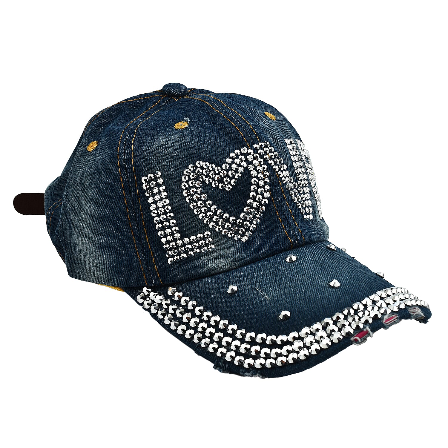 Denim Crystal Embroidered Studded Love Caption Cap (One Size)